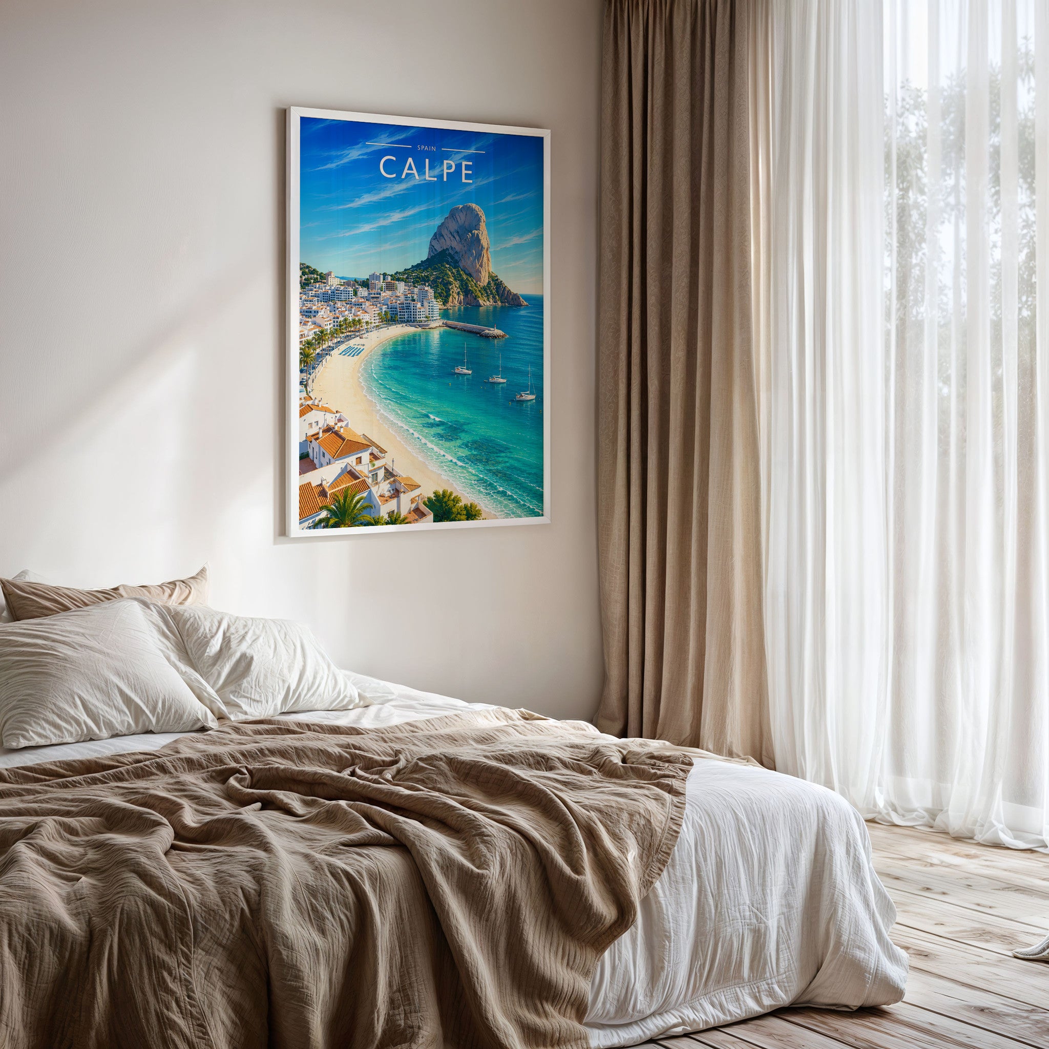 Calpe Travel Poster framed on a bedroom wall