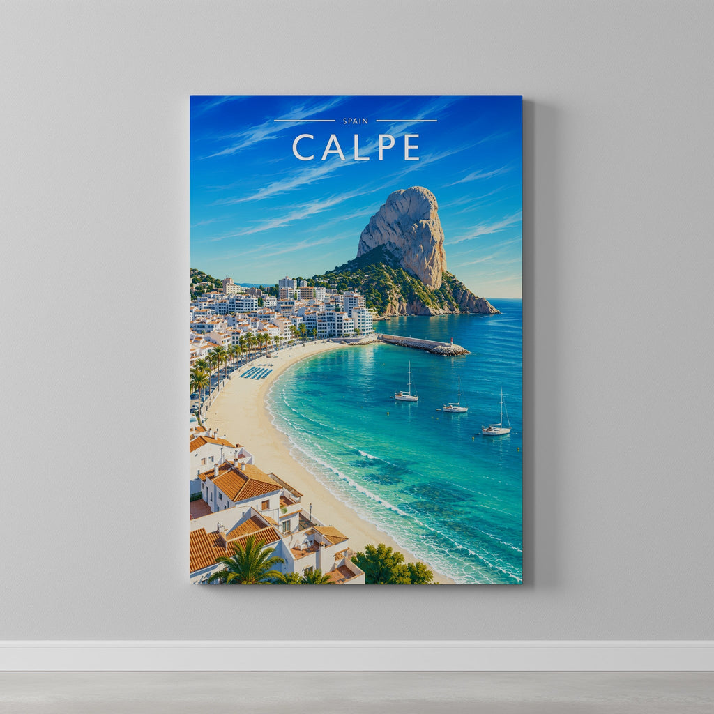 Calpe Travel Poster as a gallery-wrapped canvas on a plain wall