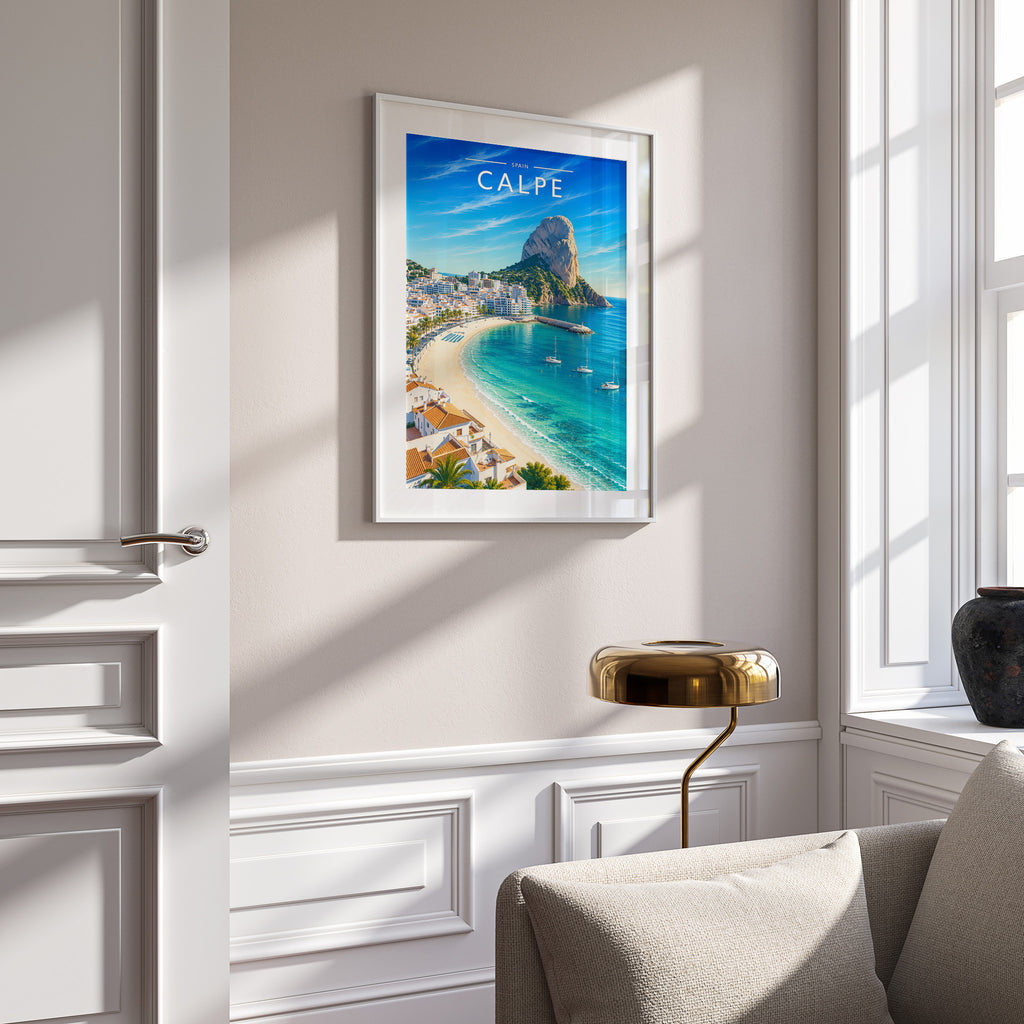 Calpe Travel Poster in a white frame on a panelled wall