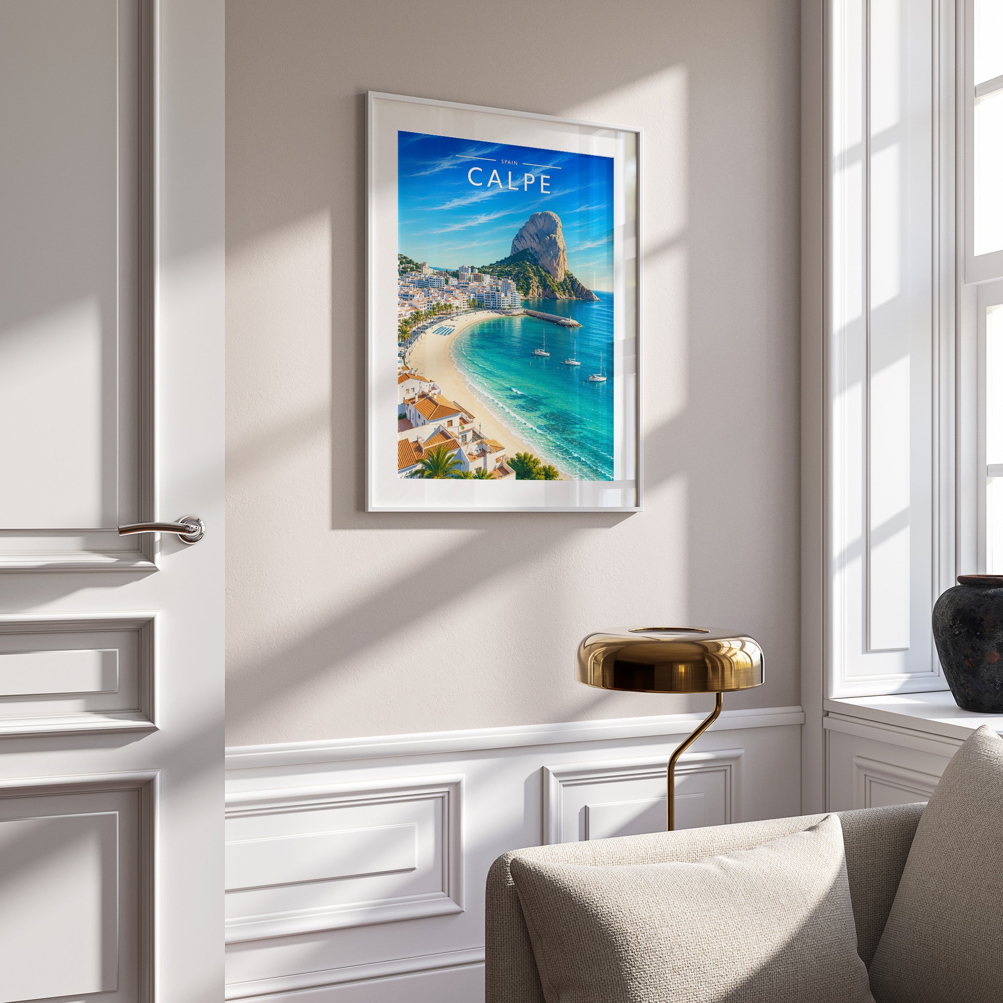 Calpe Travel Poster in a white frame on a panelled wall