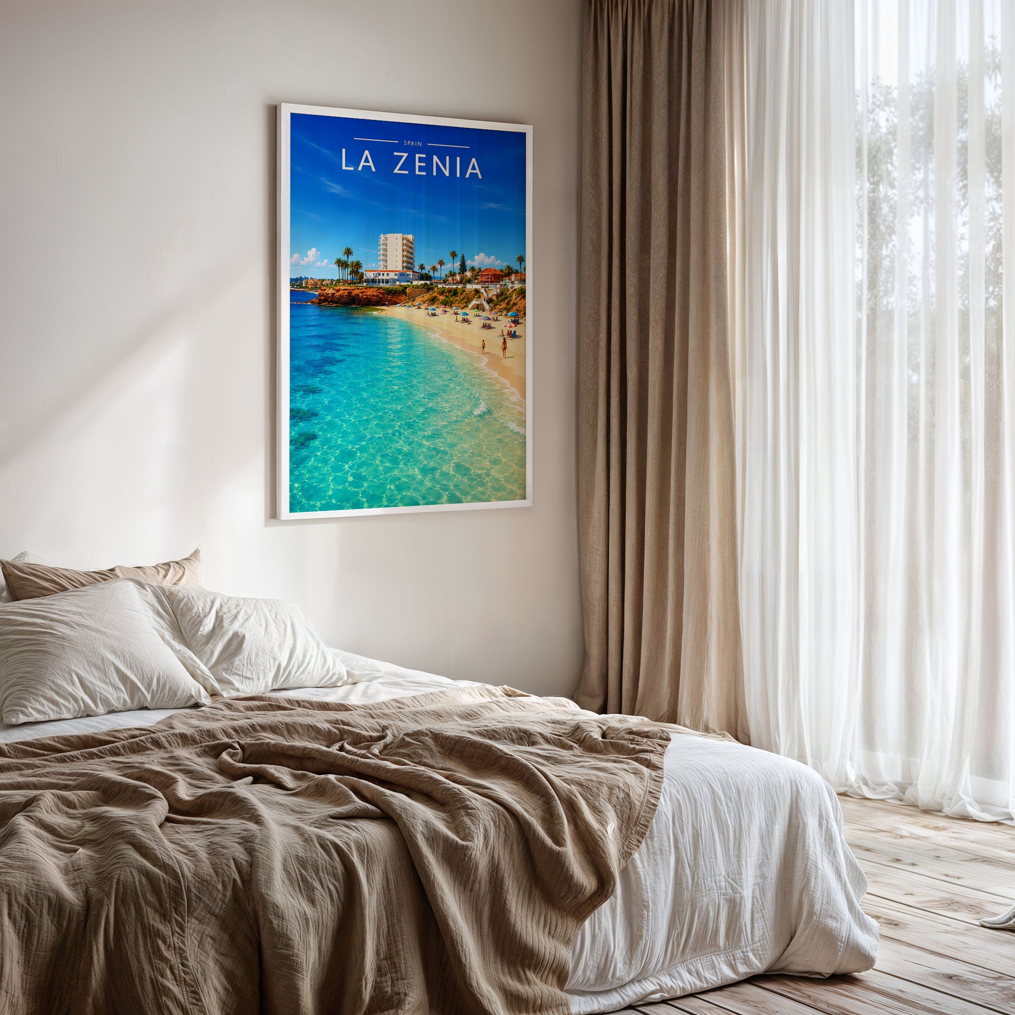 La Zenia Travel Poster framed on a bedroom wall