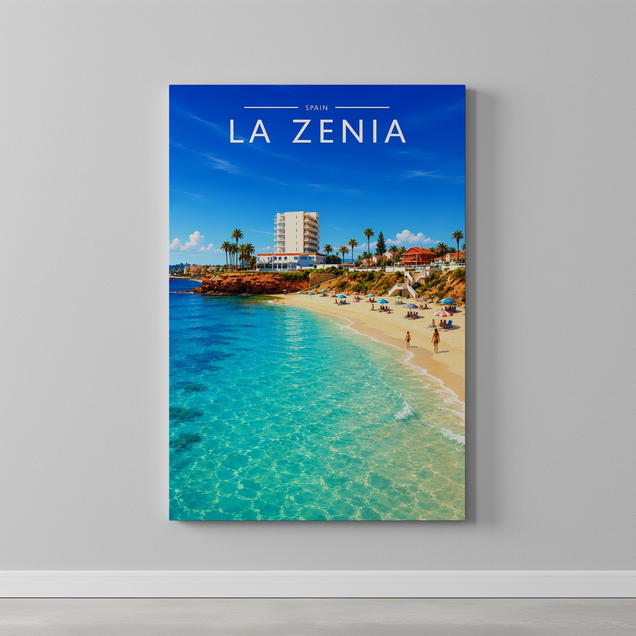 La Zenia Travel Poster as a gallery-wrapped canvas on a plain wall