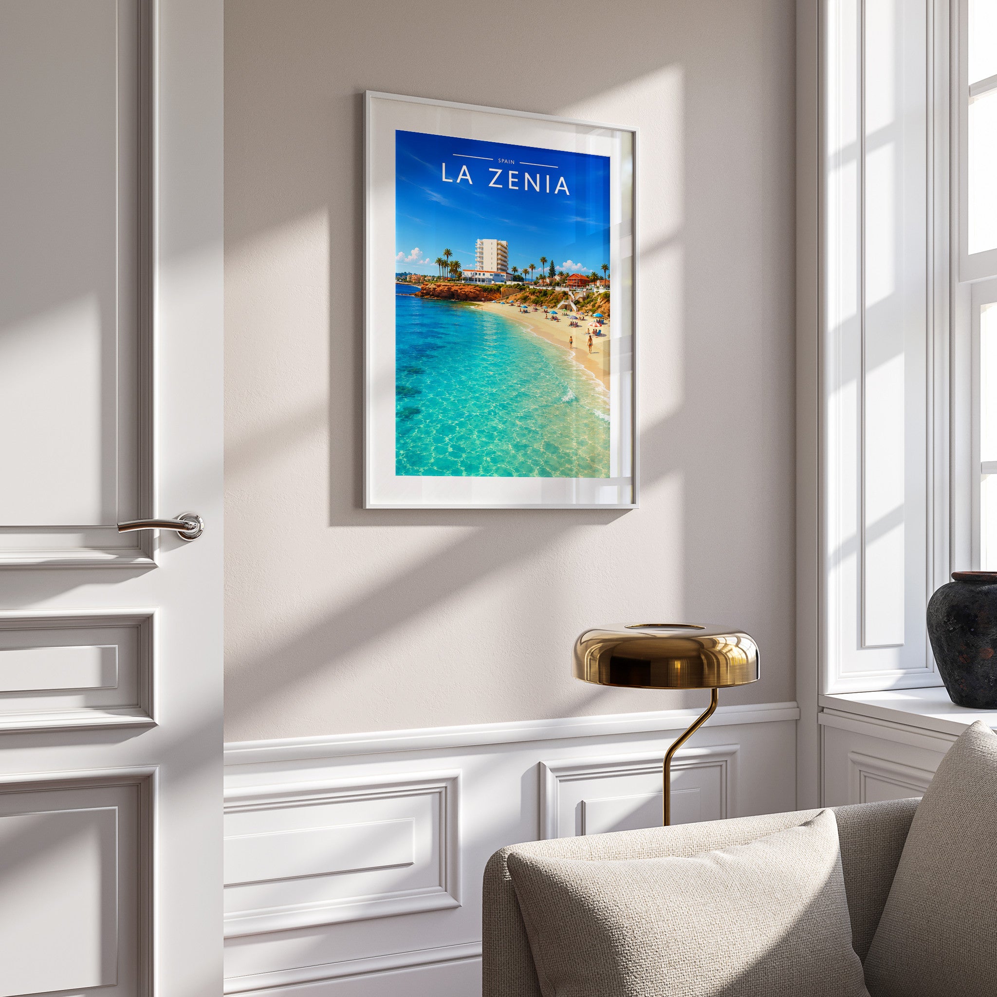 La Zenia Travel Poster in a white frame on a panelled wall