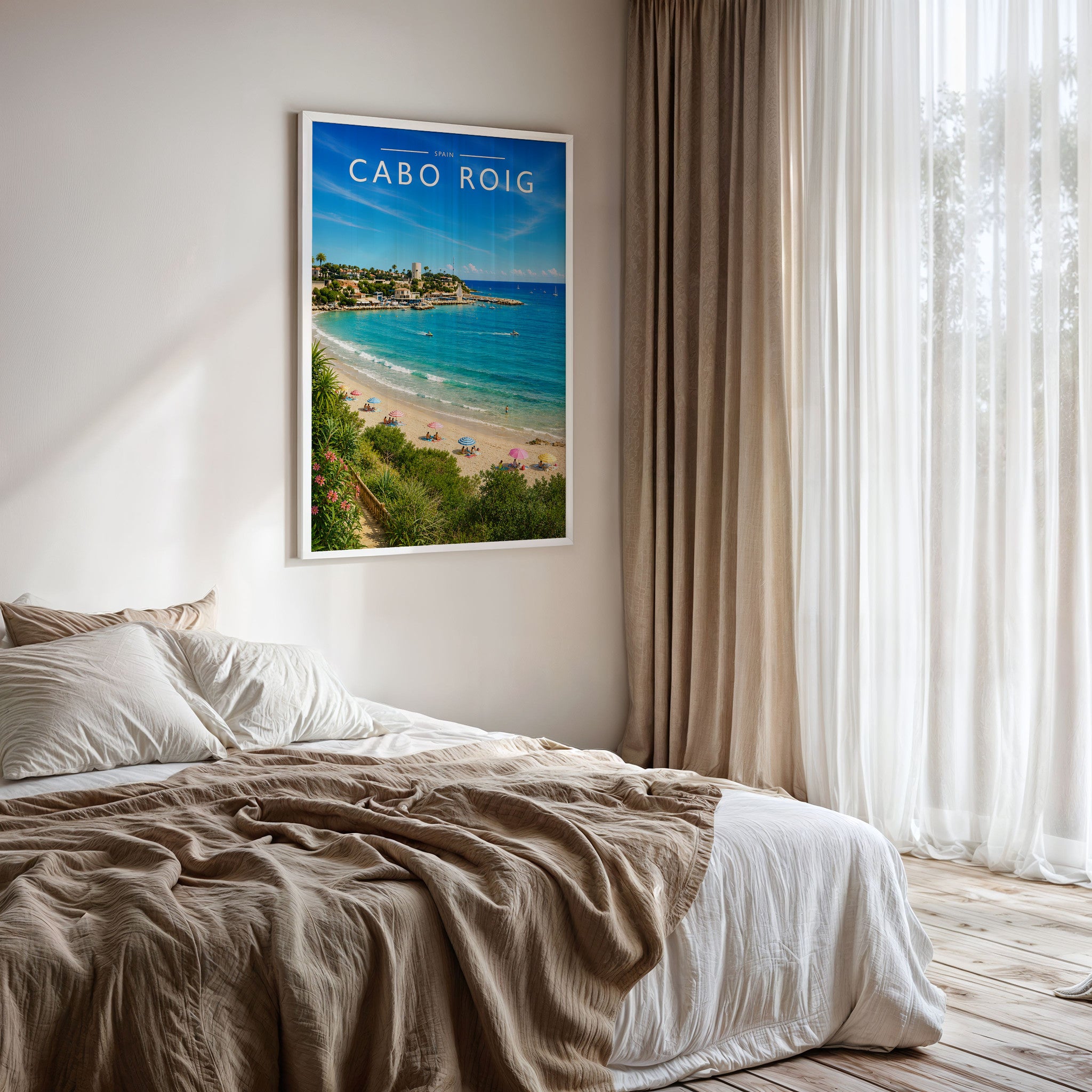 Cabo Roig Travel Poster framed on a bedroom wall