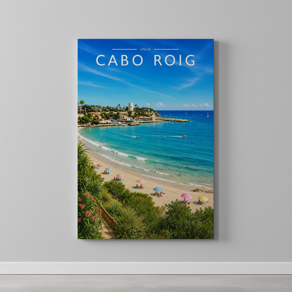 Cabo Roig Travel Poster as a gallery-wrapped canvas on a plain wall