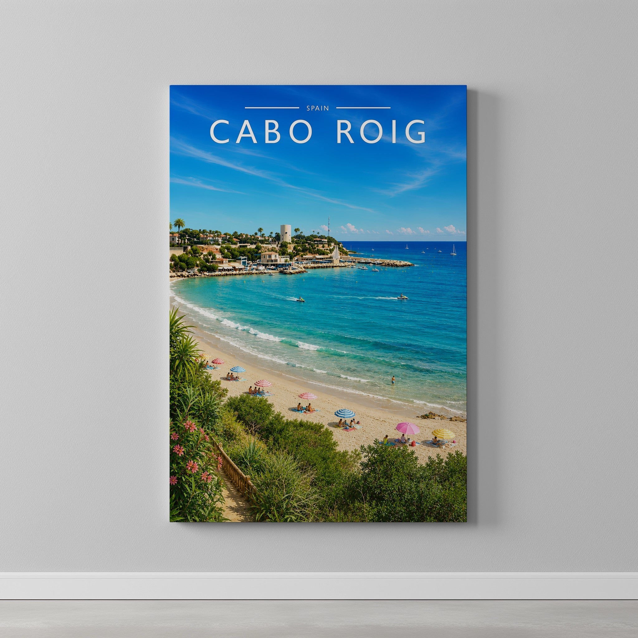 Cabo Roig Travel Poster as a gallery-wrapped canvas on a plain wall