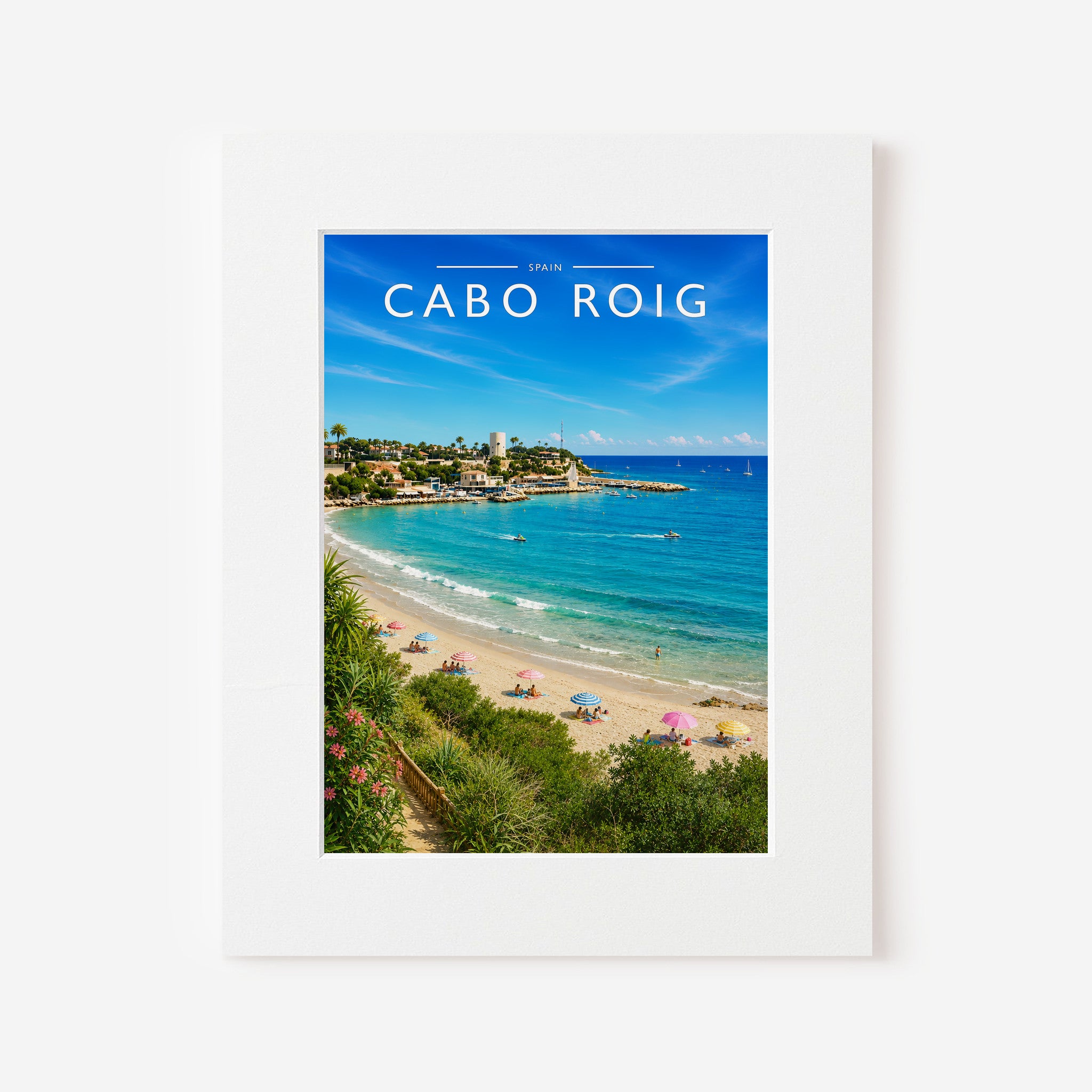 Cabo Roig Travel Poster in a white mount