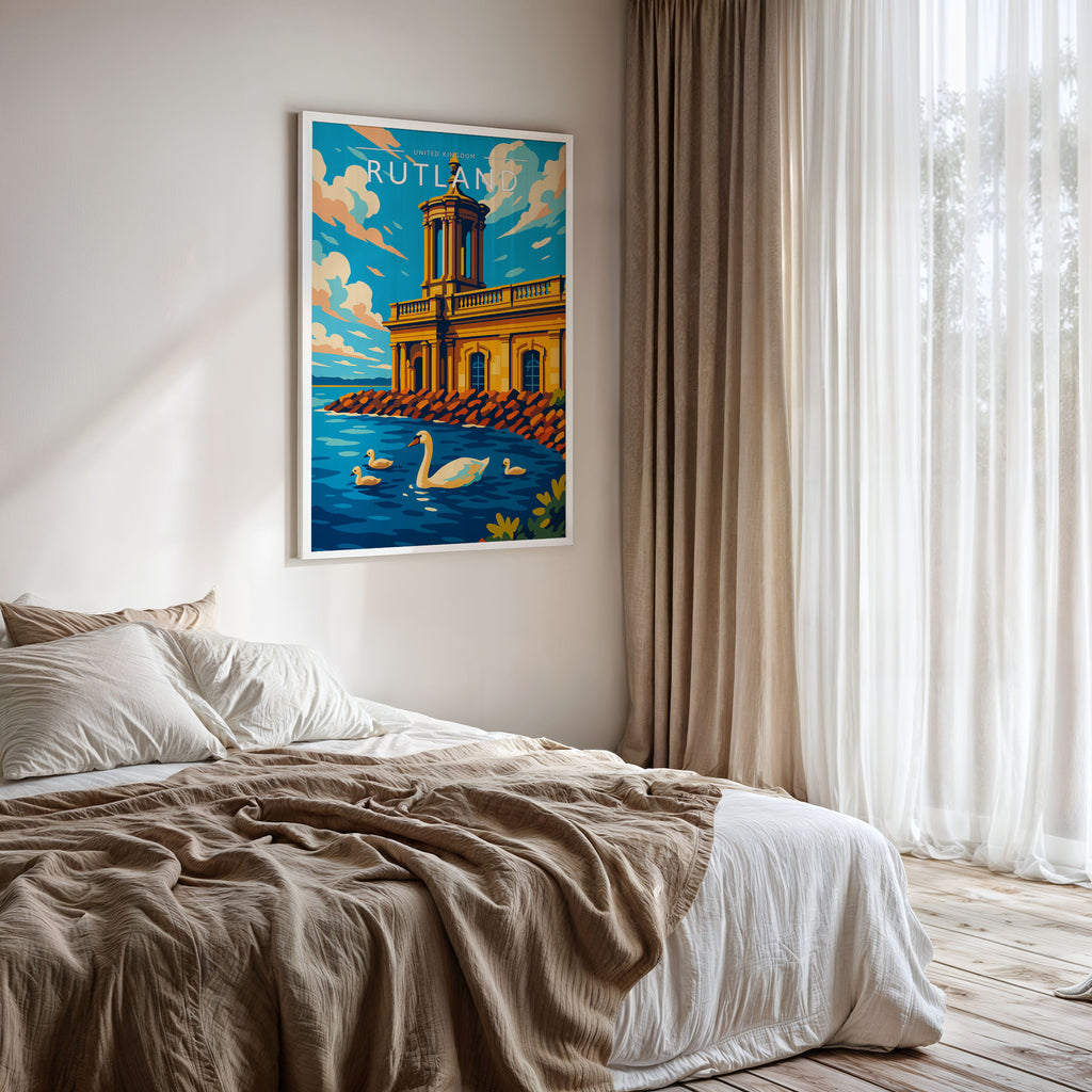 Rutland Travel Poster framed on a bedroom wall