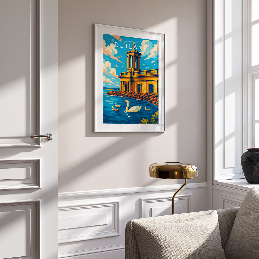 Rutland Travel Poster in a white frame on a panelled wall
