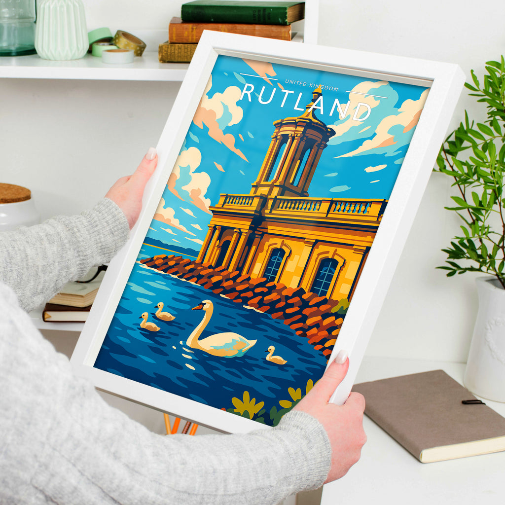 Rutland Travel Poster in a white frame, held to show scale