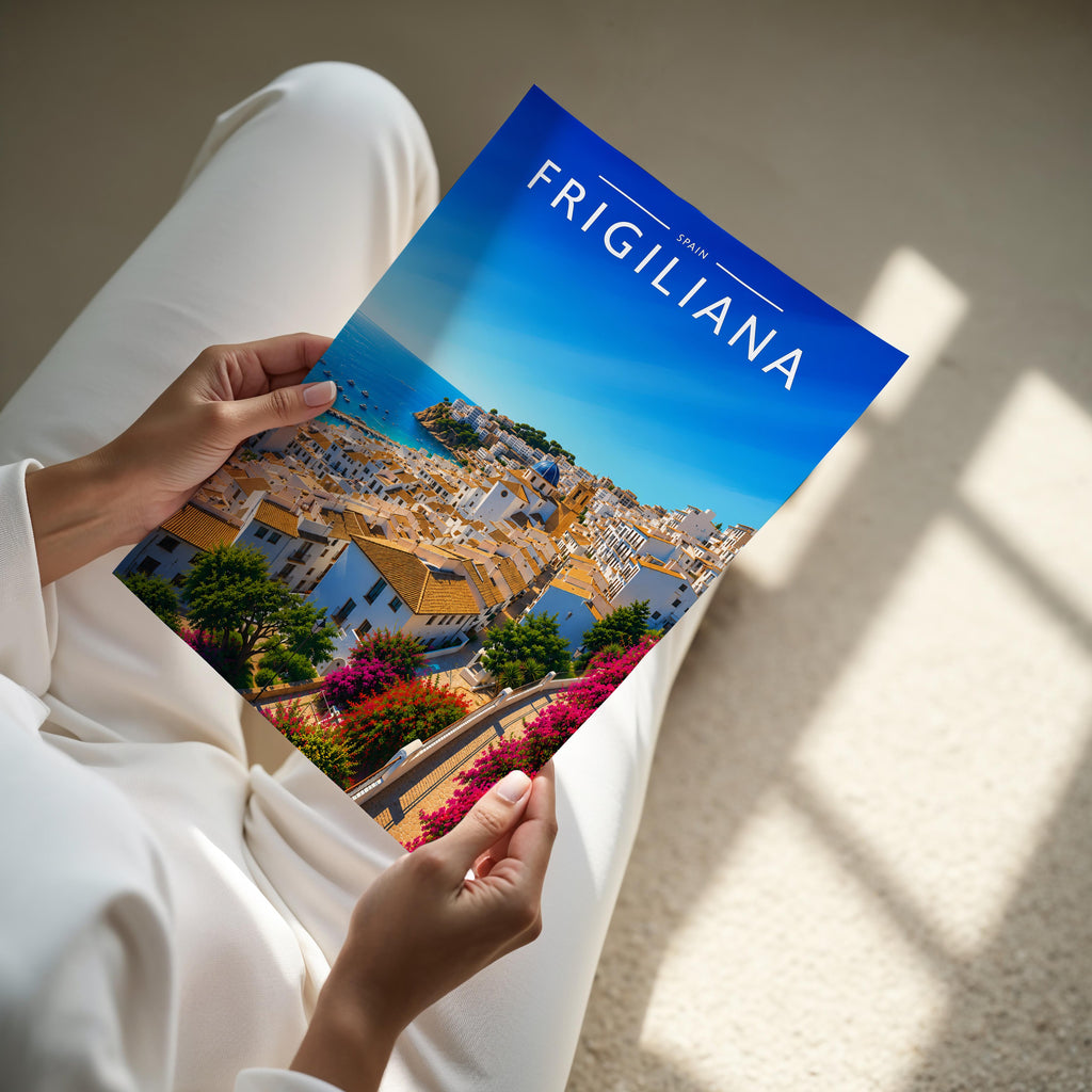 Frigiliana Travel Poster - A4 print held in hand