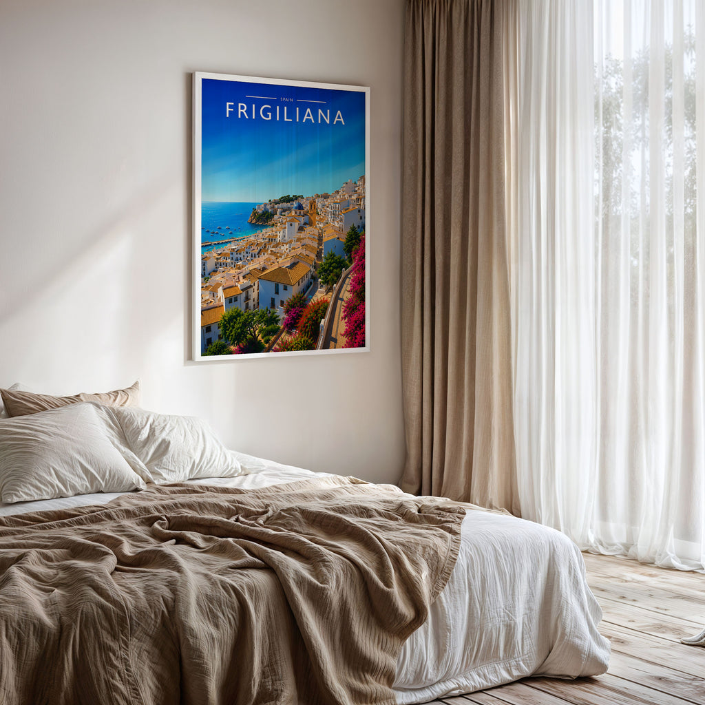 Frigiliana Travel Poster framed on a bedroom wall