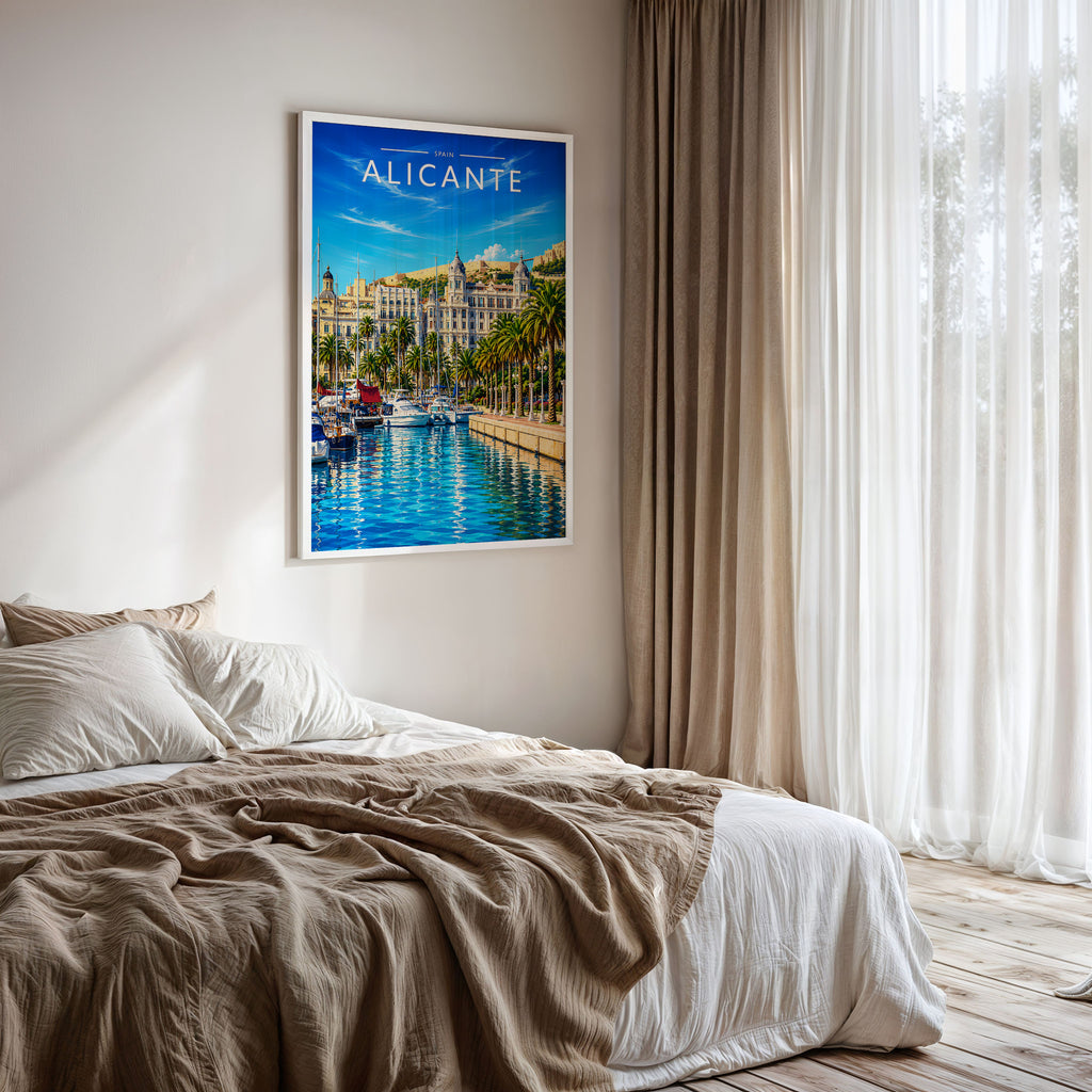 Alicante #5 Travel Poster framed on a bedroom wall