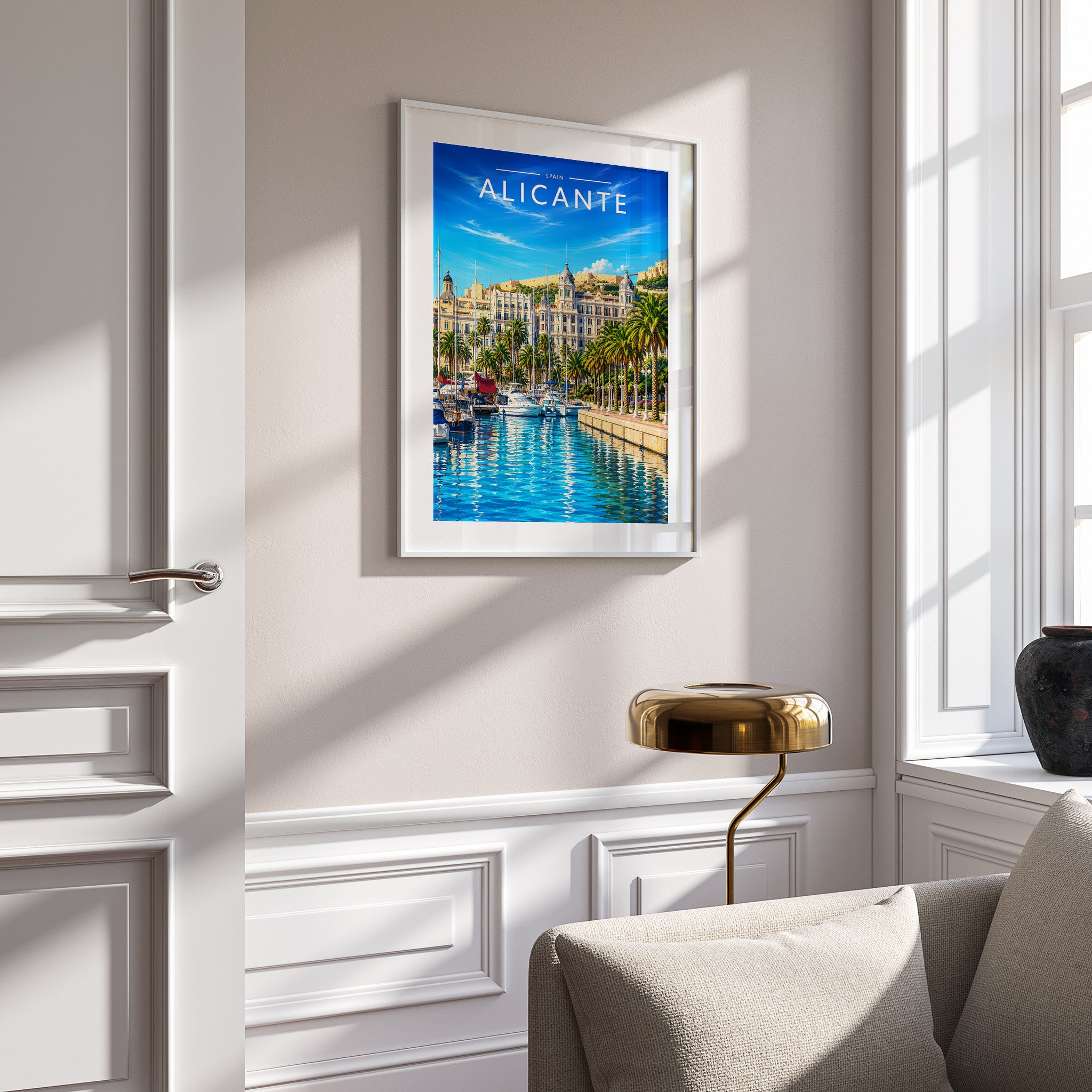 Alicante #5 Travel Poster in a white frame on a panelled wall