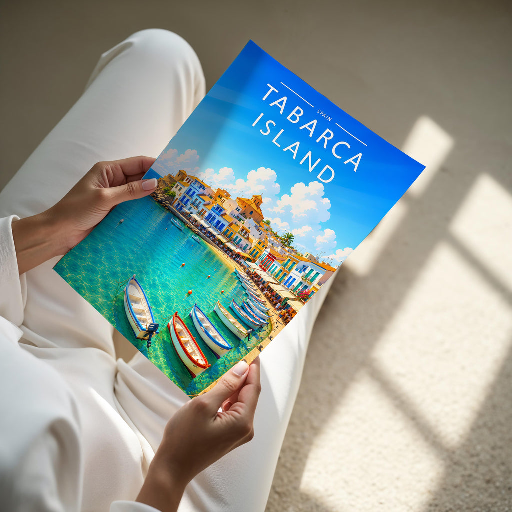 Tabarca Island Travel Poster - A4 print held in hand