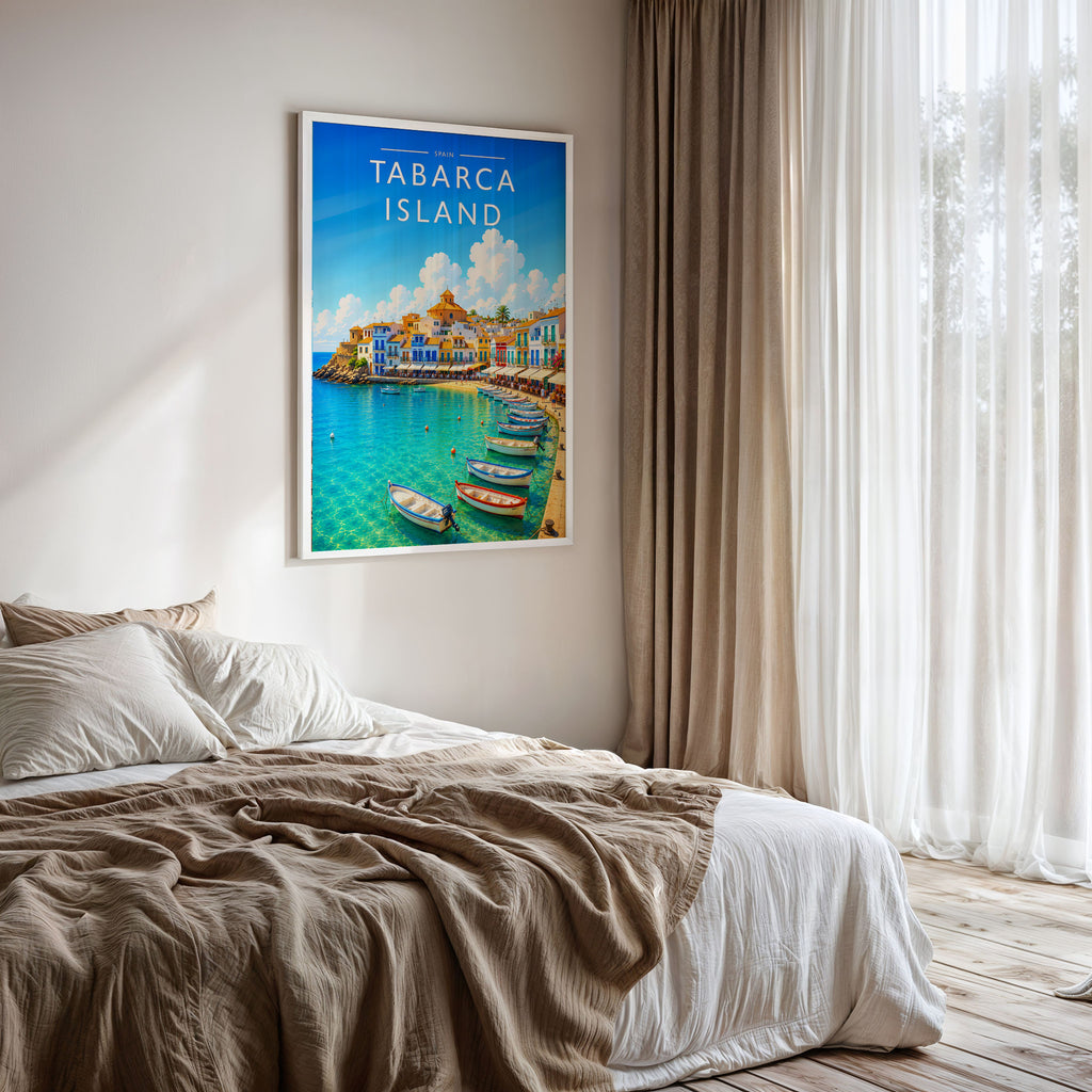 Tabarca Island Travel Poster framed on a bedroom wall