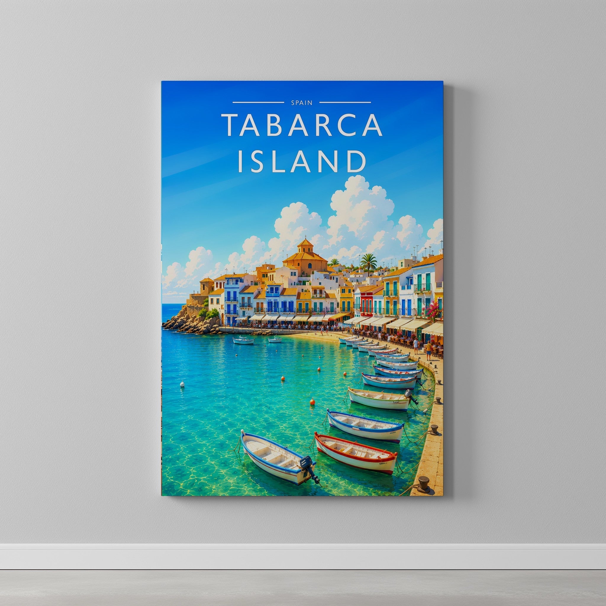 Tabarca Island Travel Poster as a gallery-wrapped canvas on a plain wall