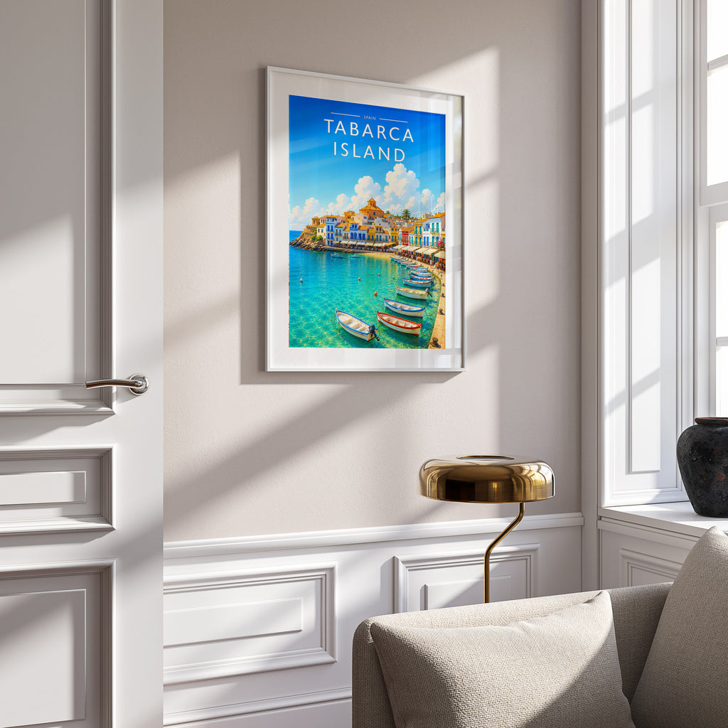 Tabarca Island Travel Poster in a white frame on a panelled wall