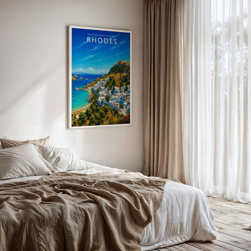 Rhodes #2 Travel Poster framed on a bedroom wall