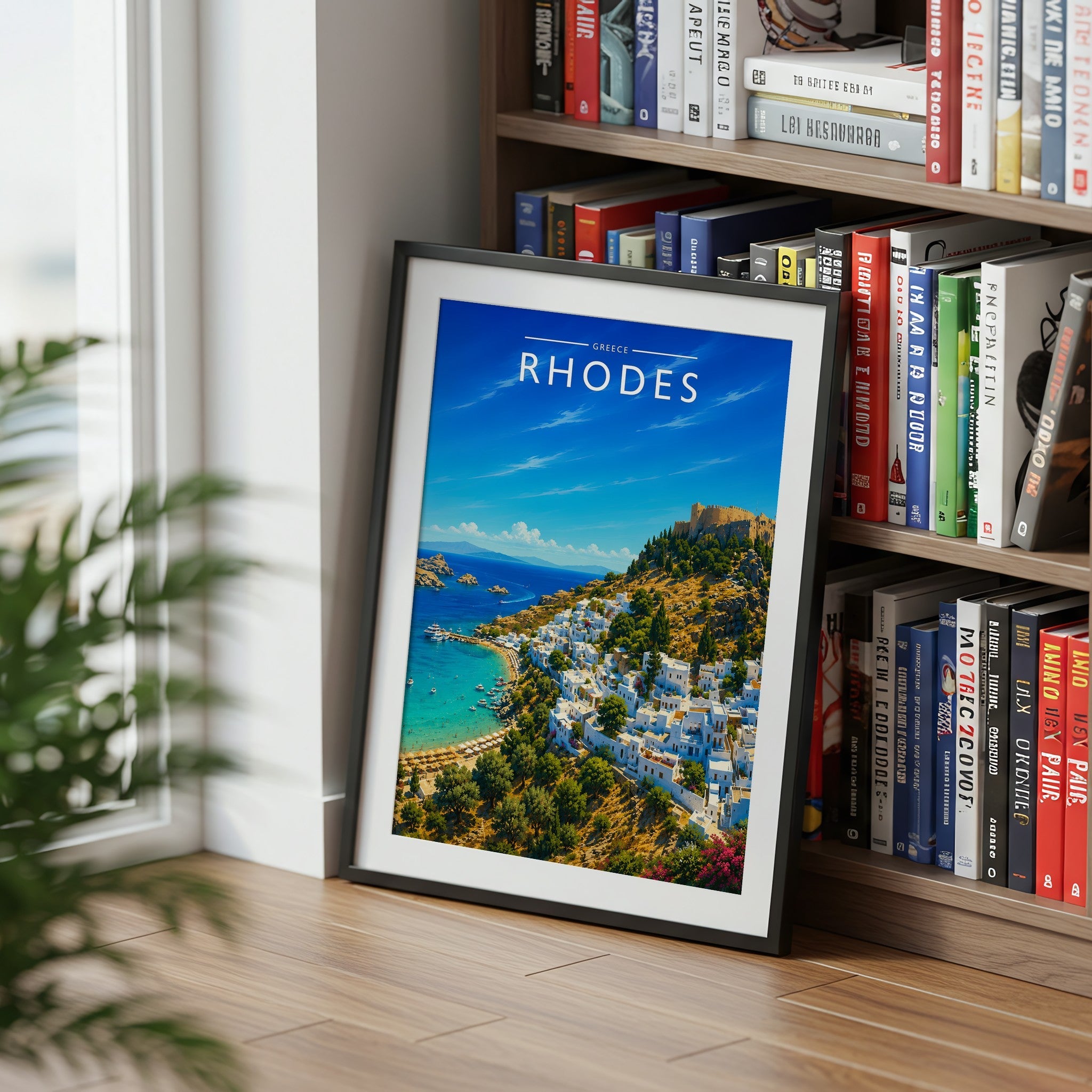 Rhodes #2 Travel Poster mounted in a black frame