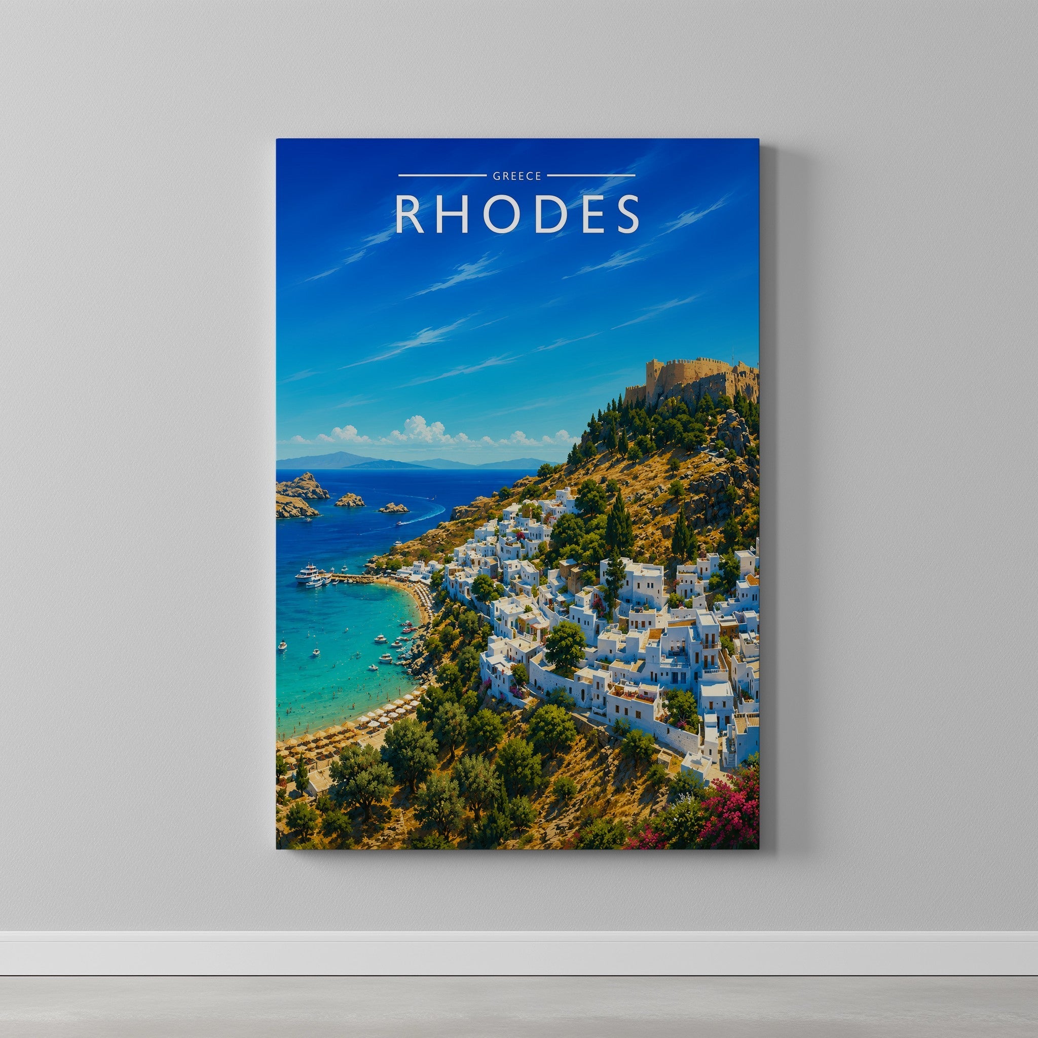 Rhodes #2 Travel Poster as a gallery-wrapped canvas on a plain wall
