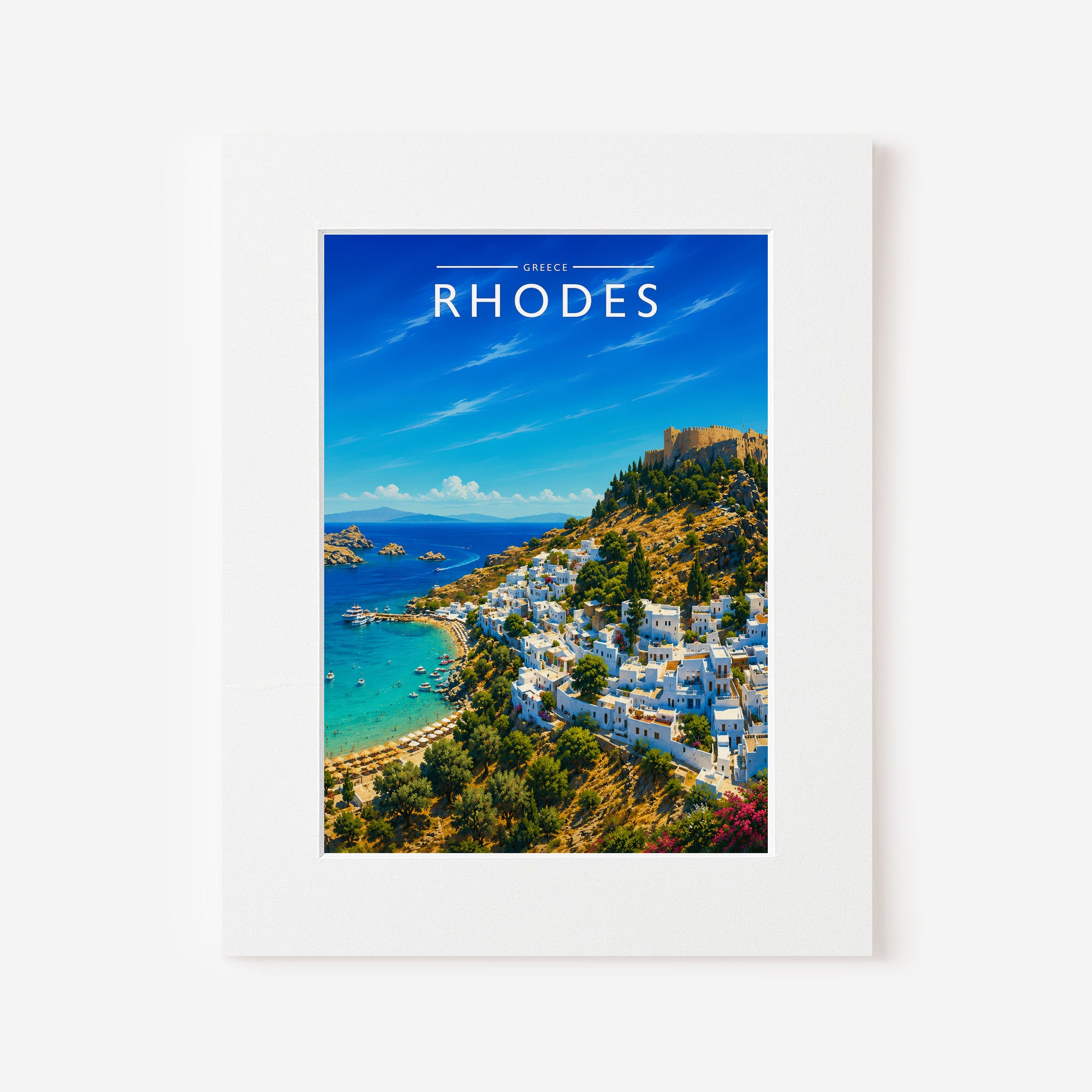 Rhodes #2 Travel Poster in a white mount