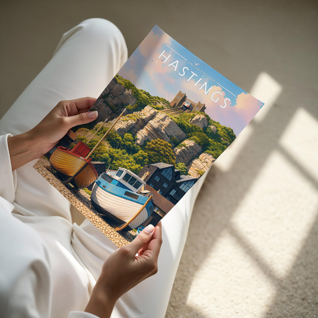 Hastings Travel Poster - A4 print held in hand