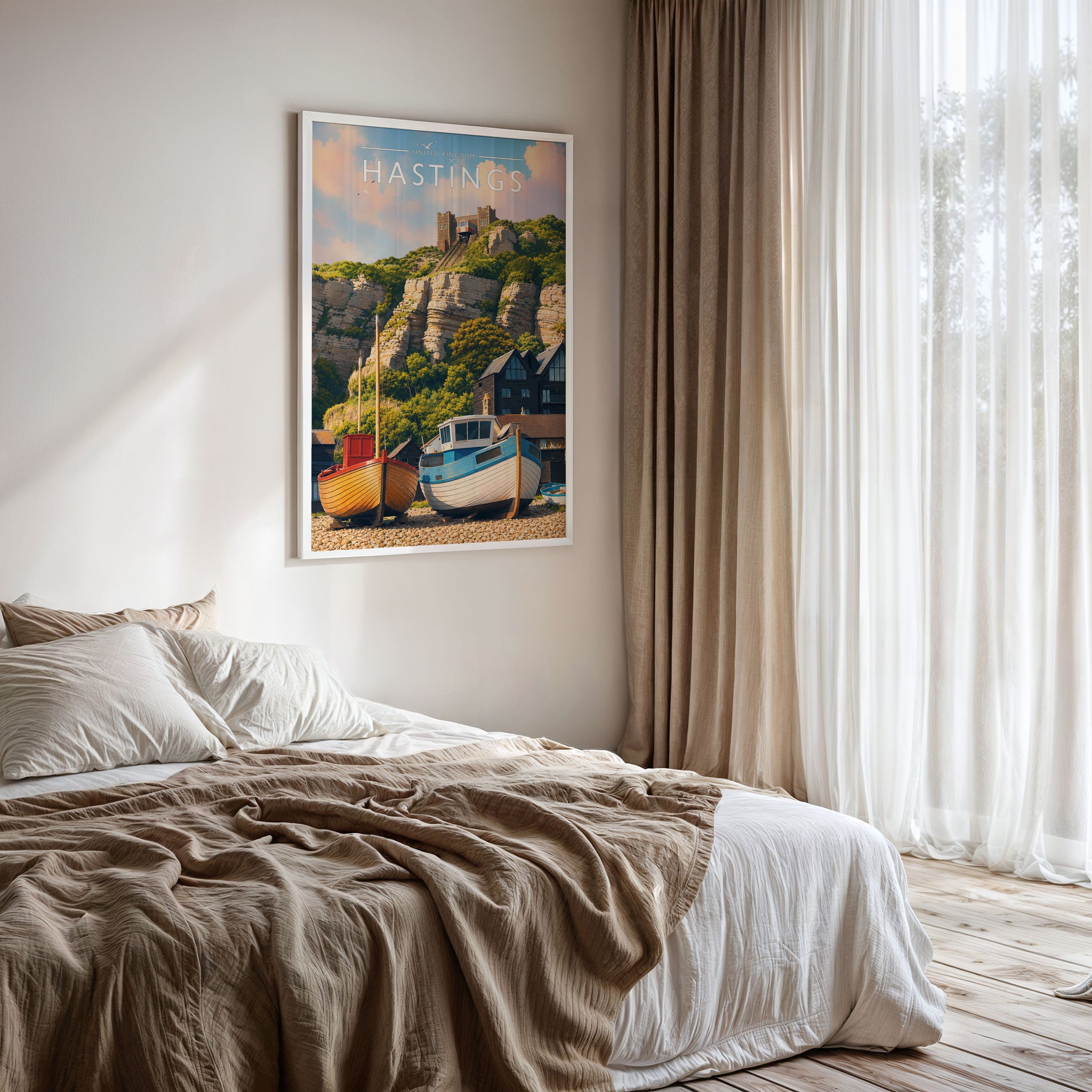 Hastings Travel Poster framed on a bedroom wall
