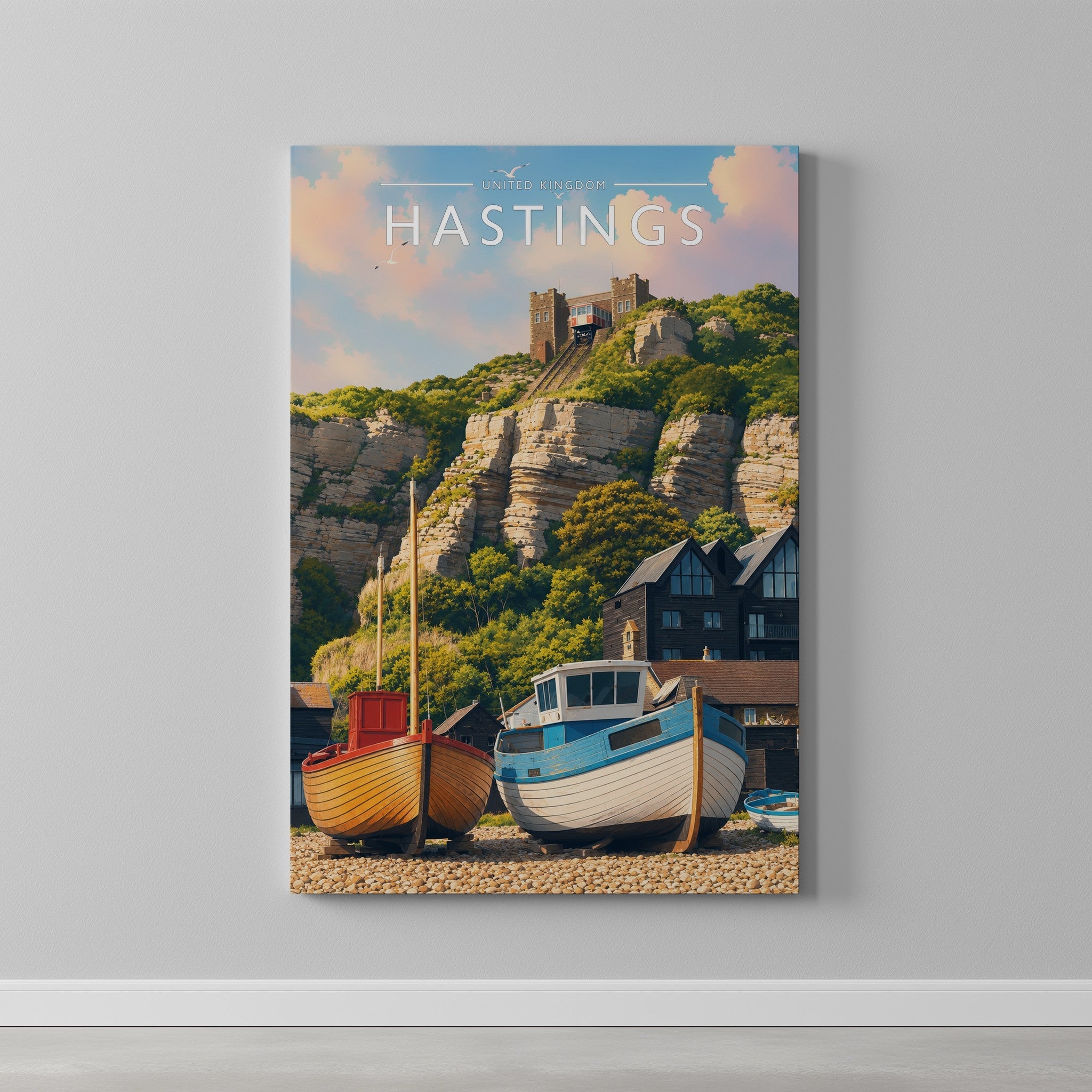 Hastings Travel Poster as a gallery-wrapped canvas on a plain wall