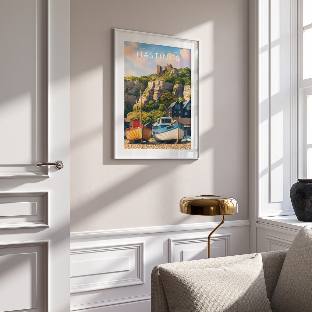 Hastings Travel Poster in a white frame on a panelled wall