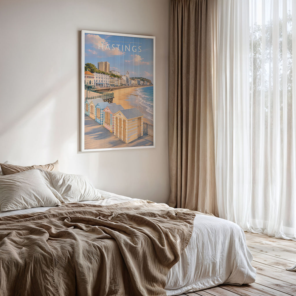 Hastings #2 Travel Poster framed on a bedroom wall