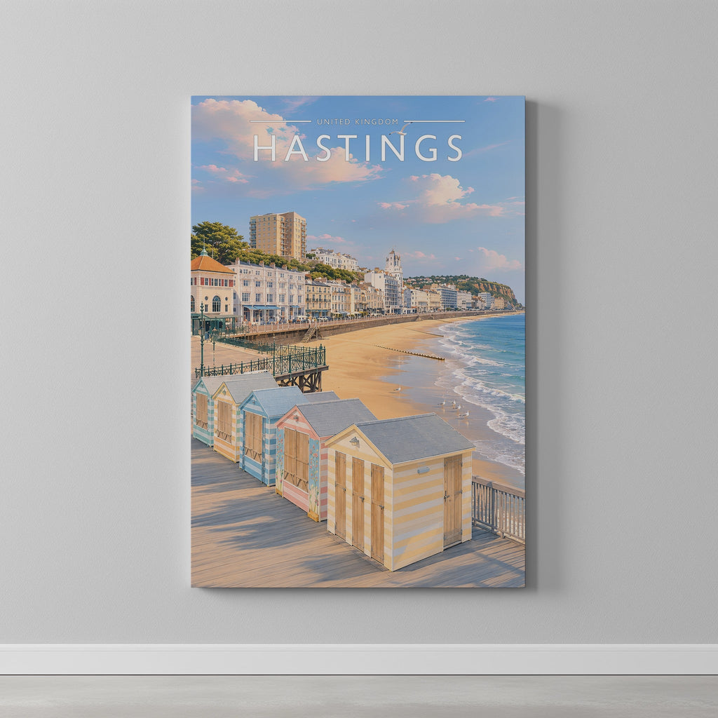 Hastings #2 Travel Poster as a gallery-wrapped canvas on a plain wall