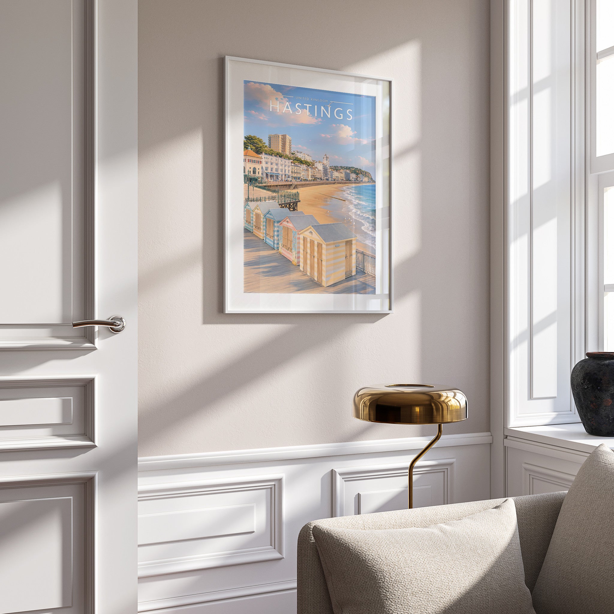 Hastings #2 Travel Poster in a white frame on a panelled wall