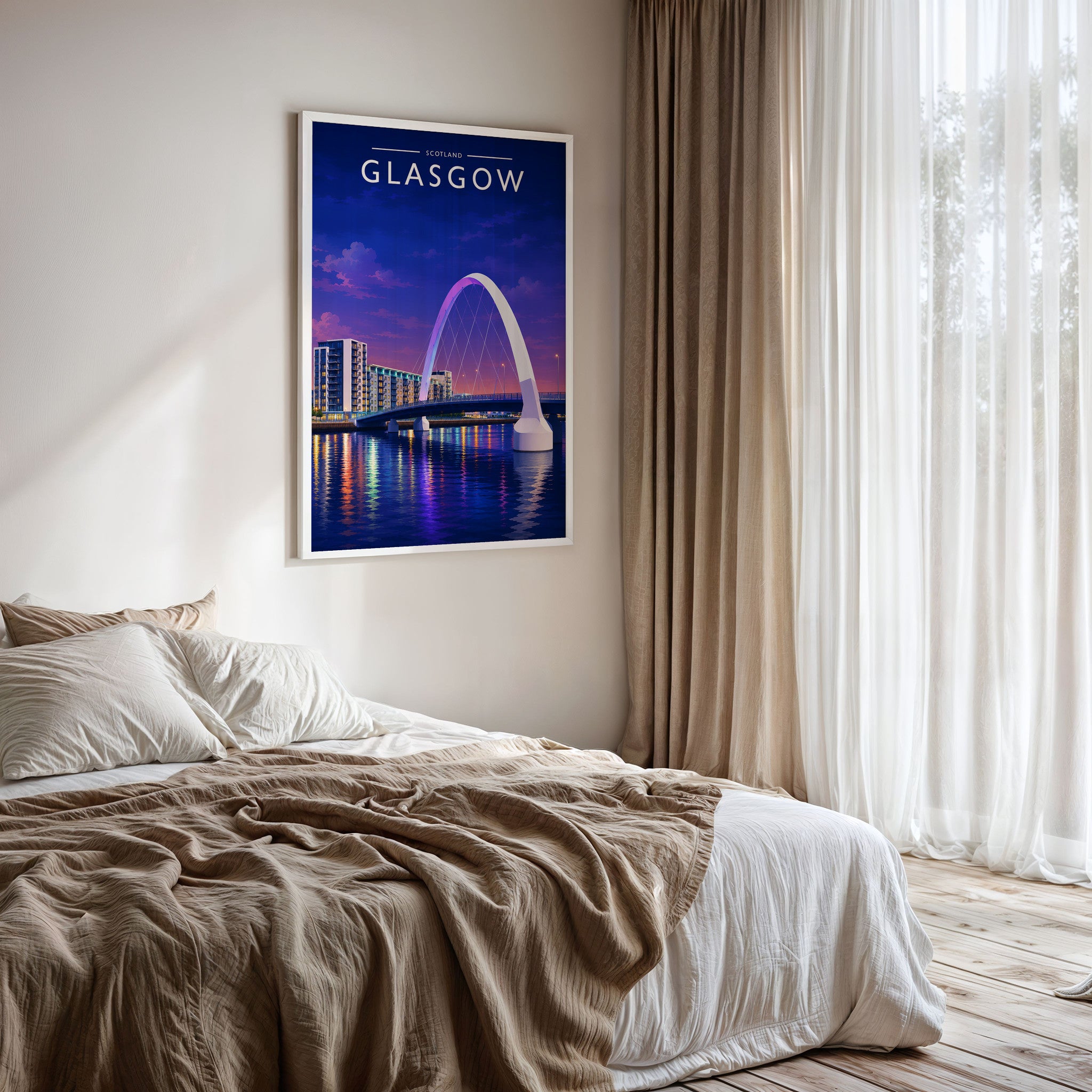 Glasgow #2 Travel Poster framed on a bedroom wall