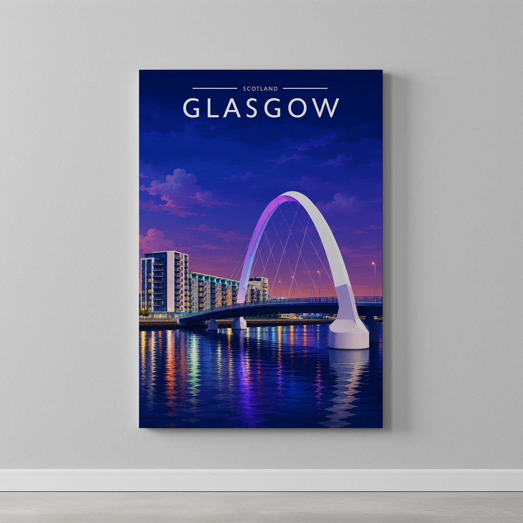 Glasgow #2 Travel Poster as a gallery-wrapped canvas on a plain wall
