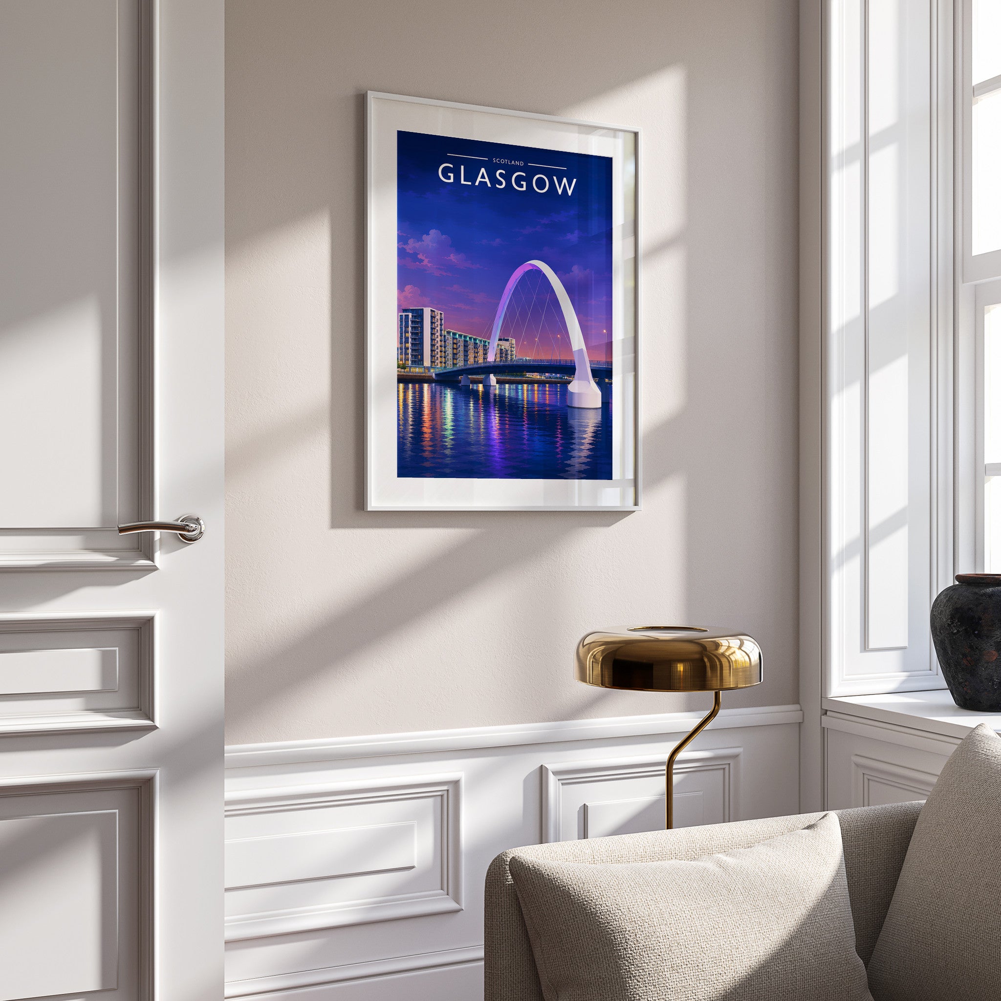 Glasgow #2 Travel Poster in a white frame on a panelled wall