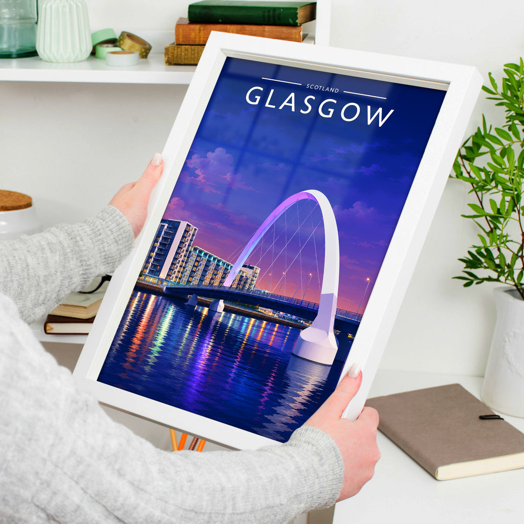 Glasgow #2 Travel Poster in a white frame, held to show scale