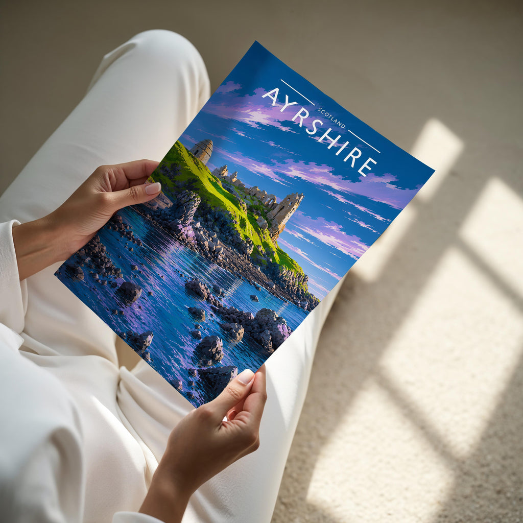 Ayrshire Travel Poster - A4 print held in hand