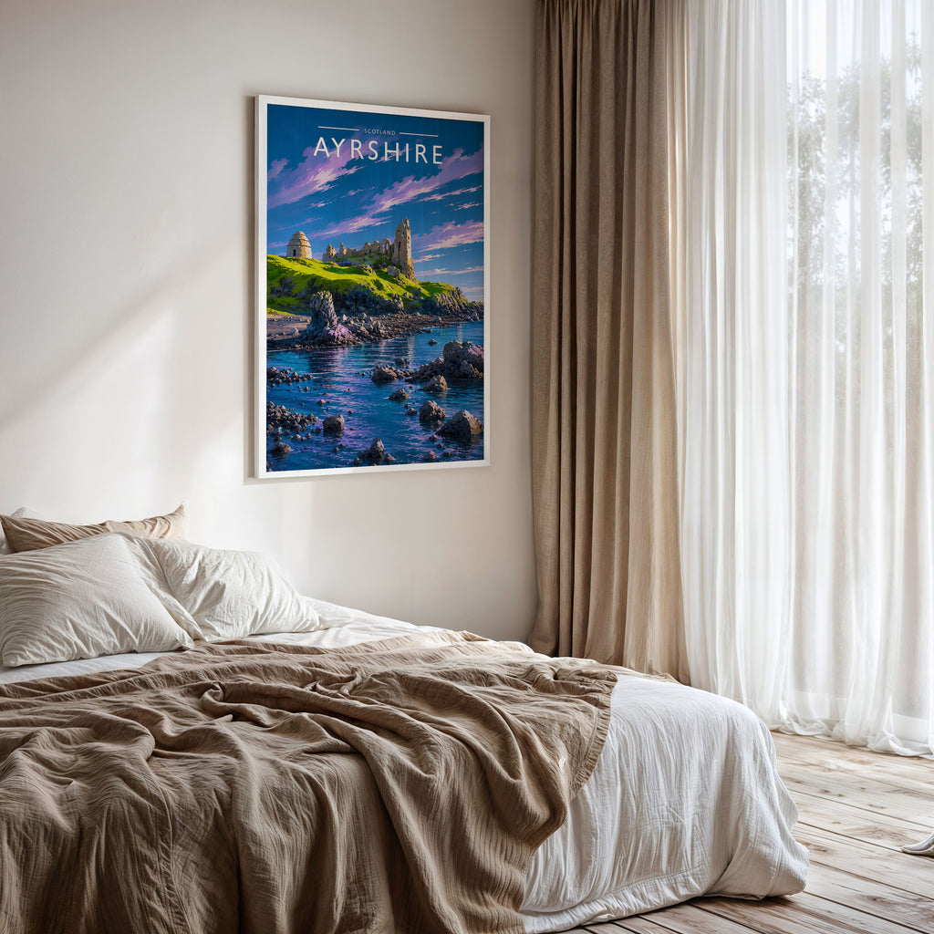 Ayrshire Travel Poster framed on a bedroom wall