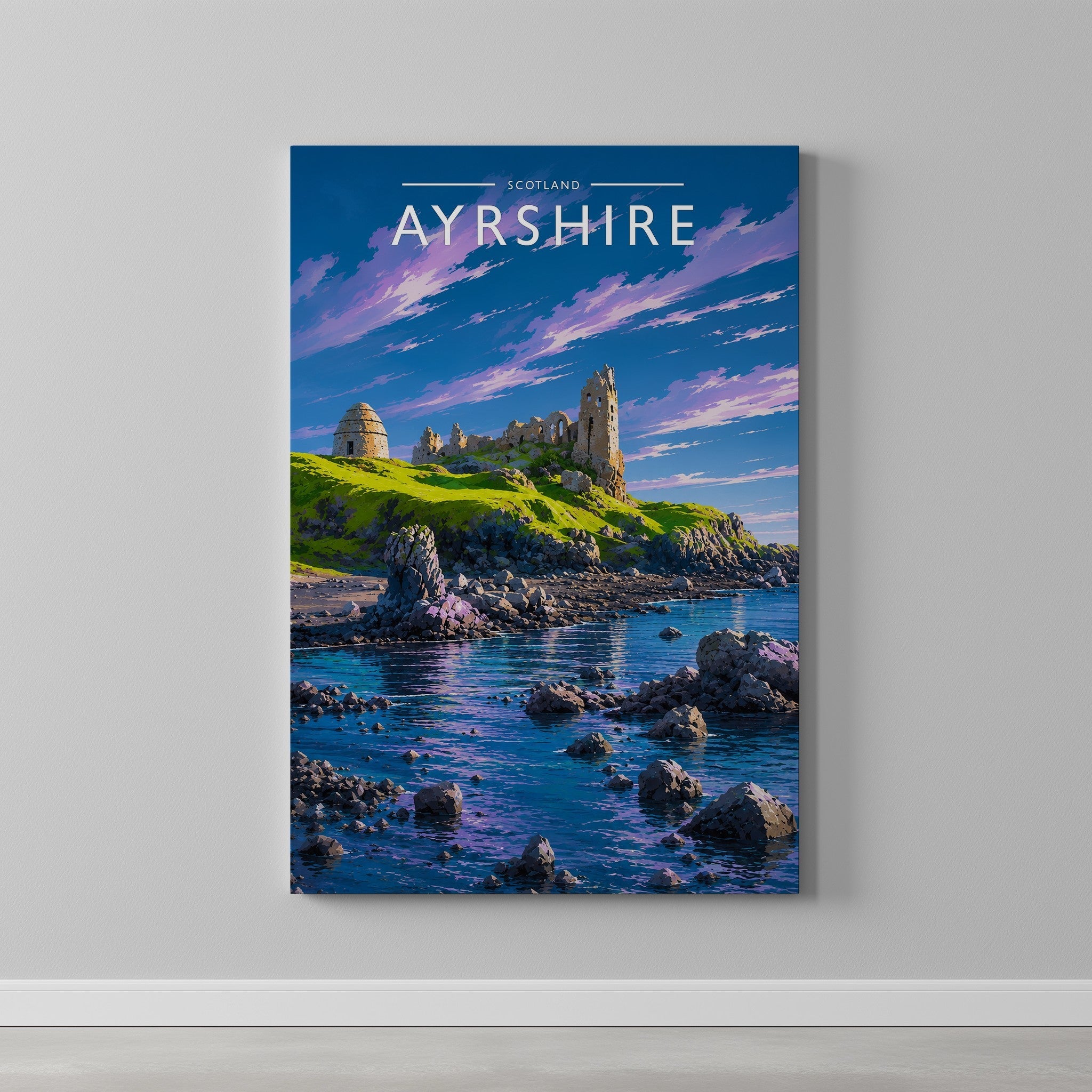 Ayrshire Travel Poster as a gallery-wrapped canvas on a plain wall