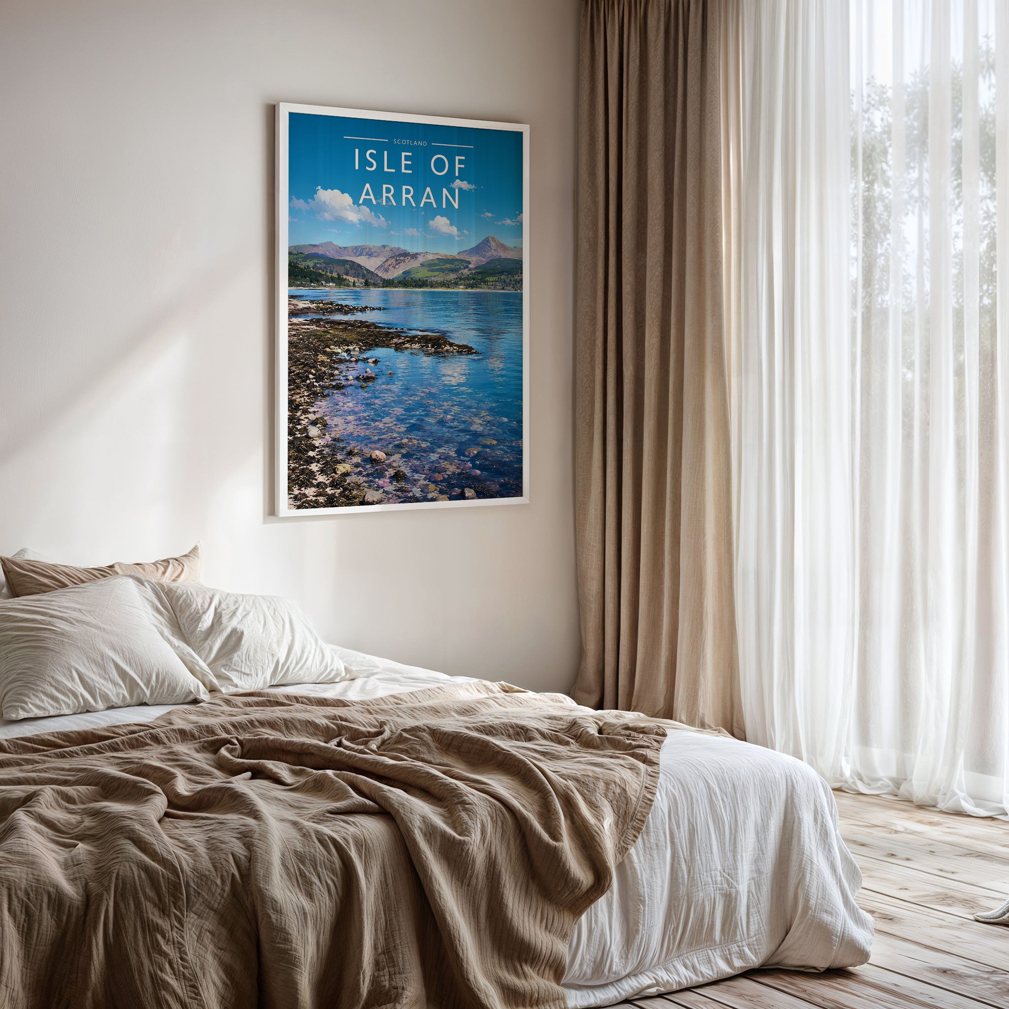 Isle of Arran Travel Poster framed on a bedroom wall