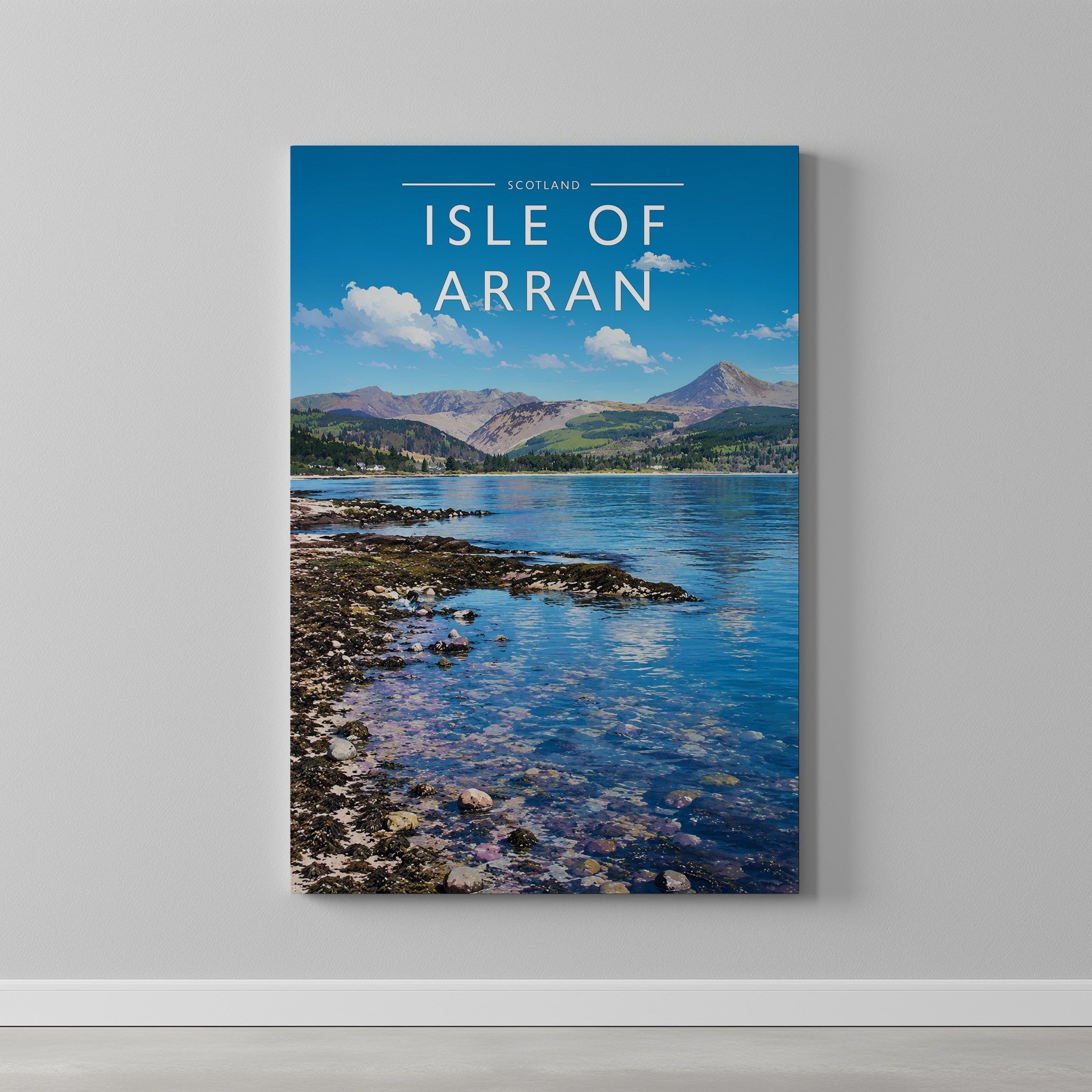 Isle of Arran Travel Poster as a gallery-wrapped canvas on a plain wall