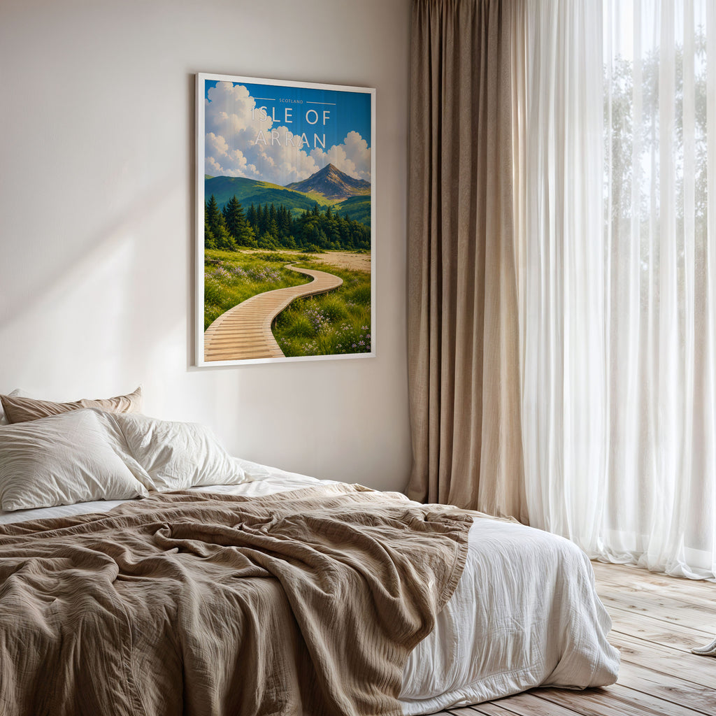 Isle of Arran #2 Travel Poster framed on a bedroom wall