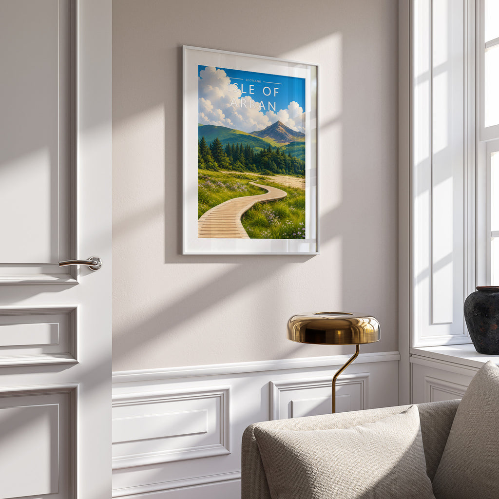 Isle of Arran #2 Travel Poster in a white frame on a panelled wall