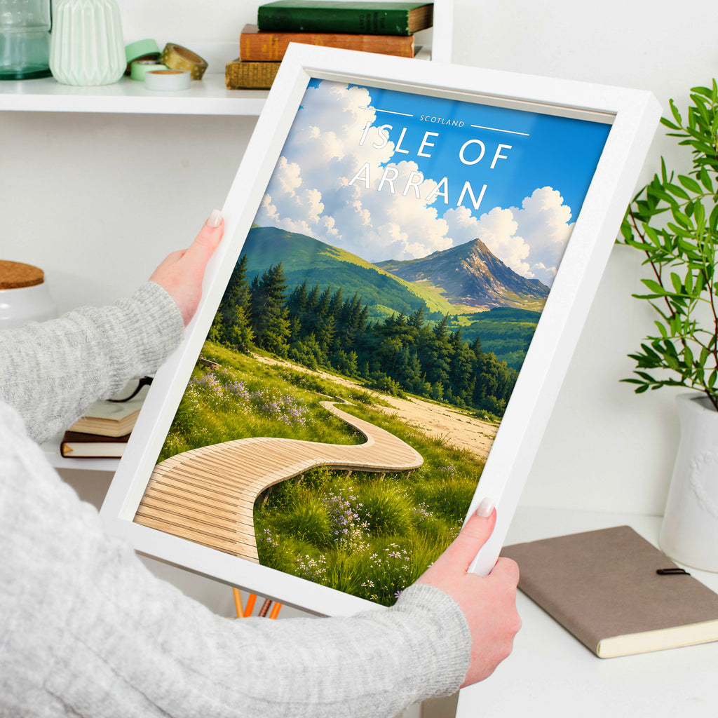 Isle of Arran #2 Travel Poster in a white frame, held to show scale