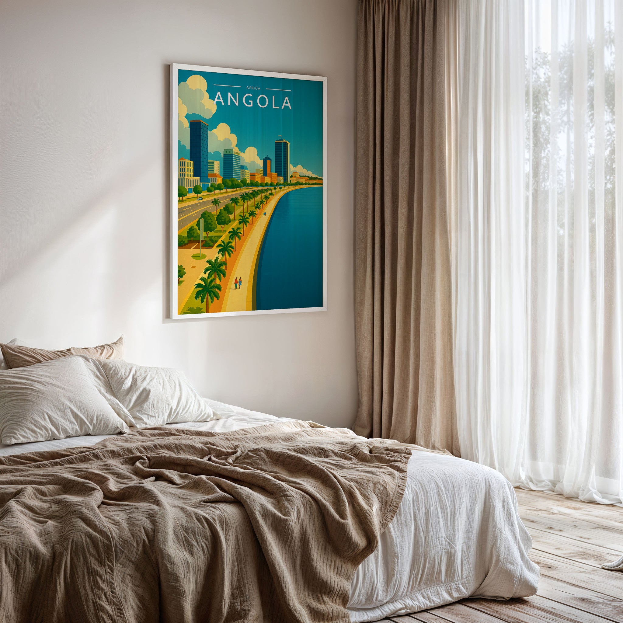 Angola Travel Poster framed on a bedroom wall