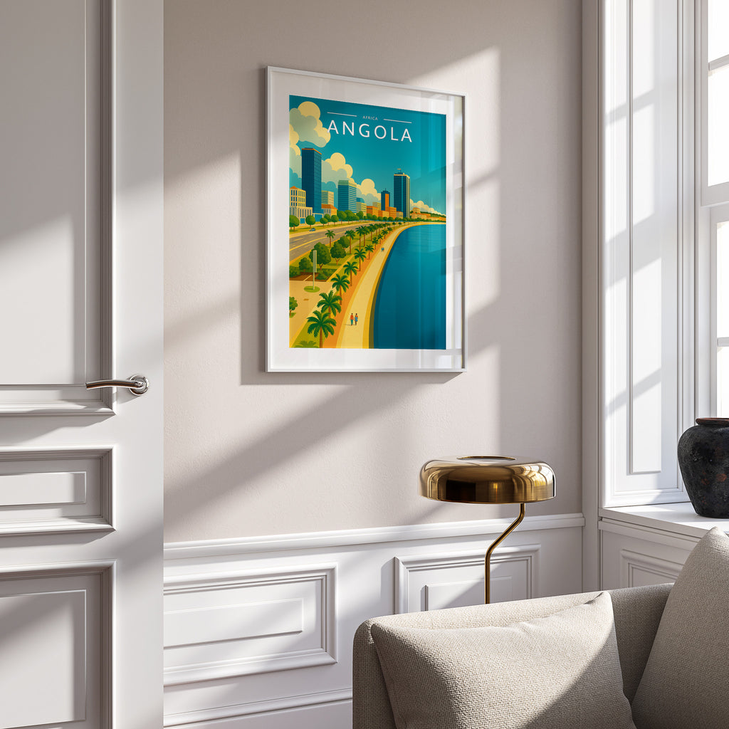 Angola Travel Poster in a white frame on a panelled wall
