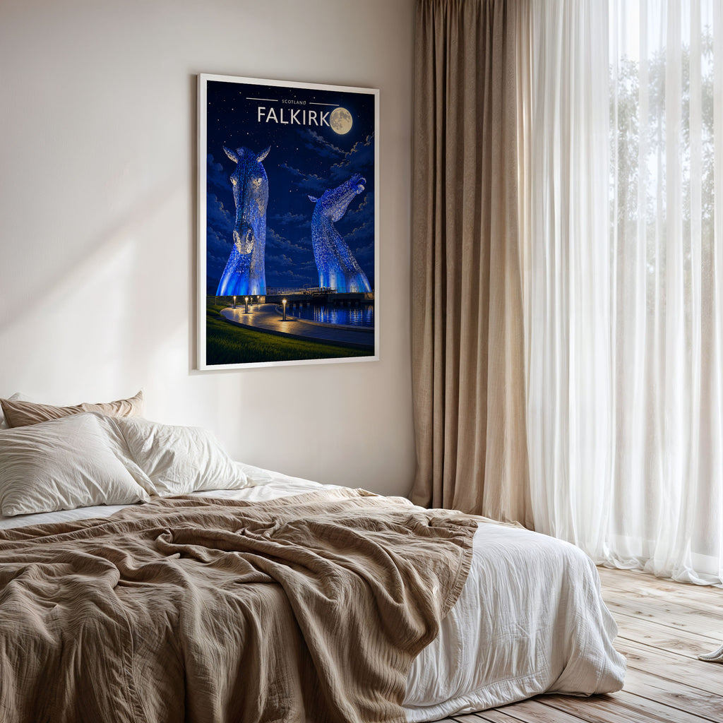 Falkirk Travel Poster framed on a bedroom wall