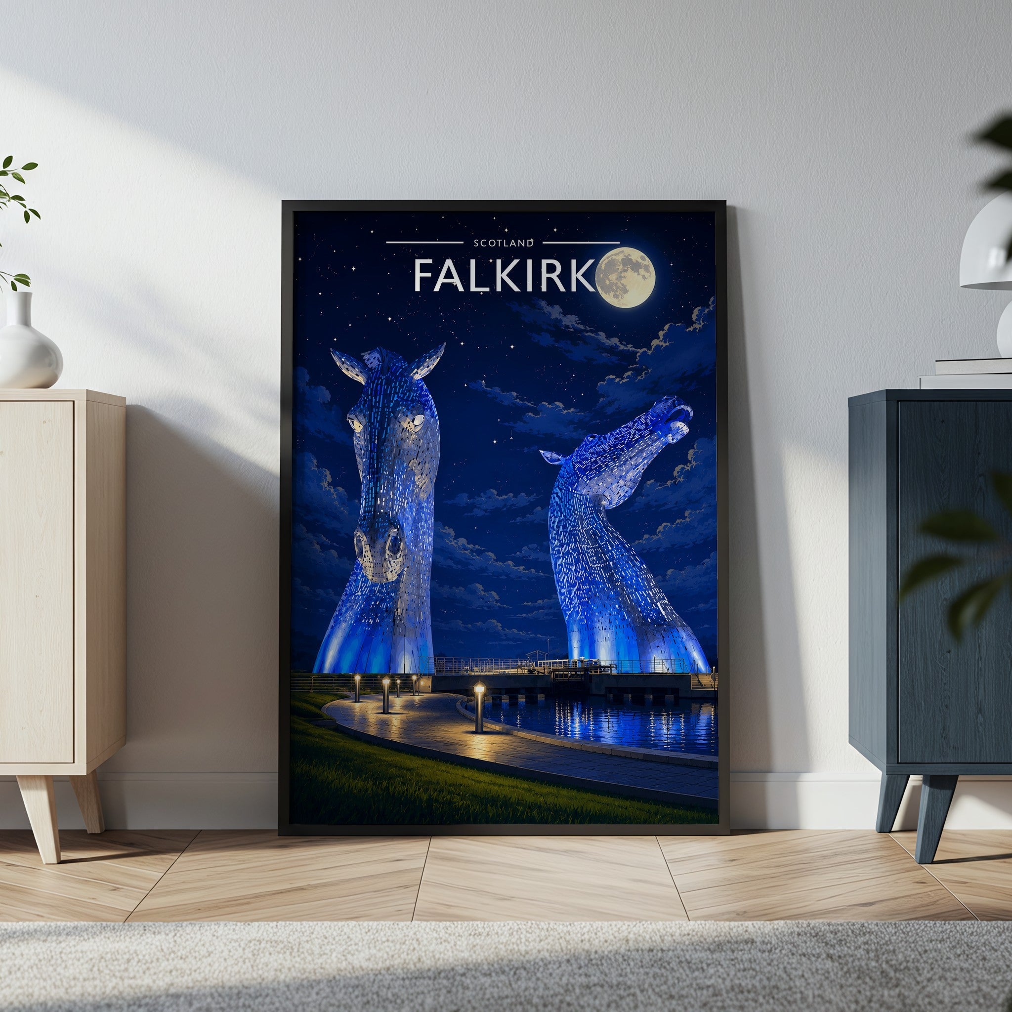 Falkirk Travel Poster in a black frame