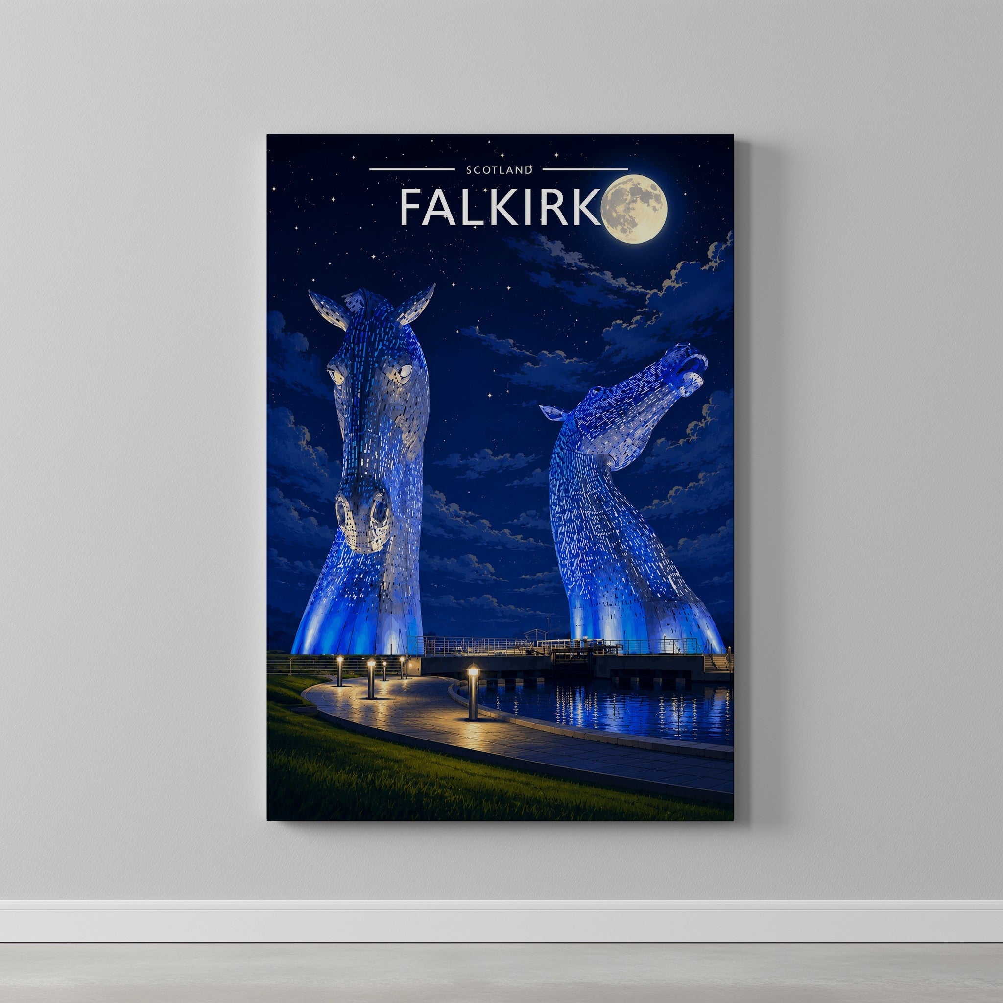Falkirk Travel Poster as a gallery-wrapped canvas on a plain wall